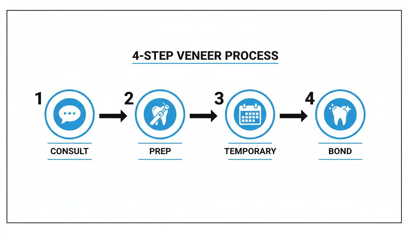 An infographic illustrating the 4-step dental veneer process: consult, prep, temporary veneers, and final bond.