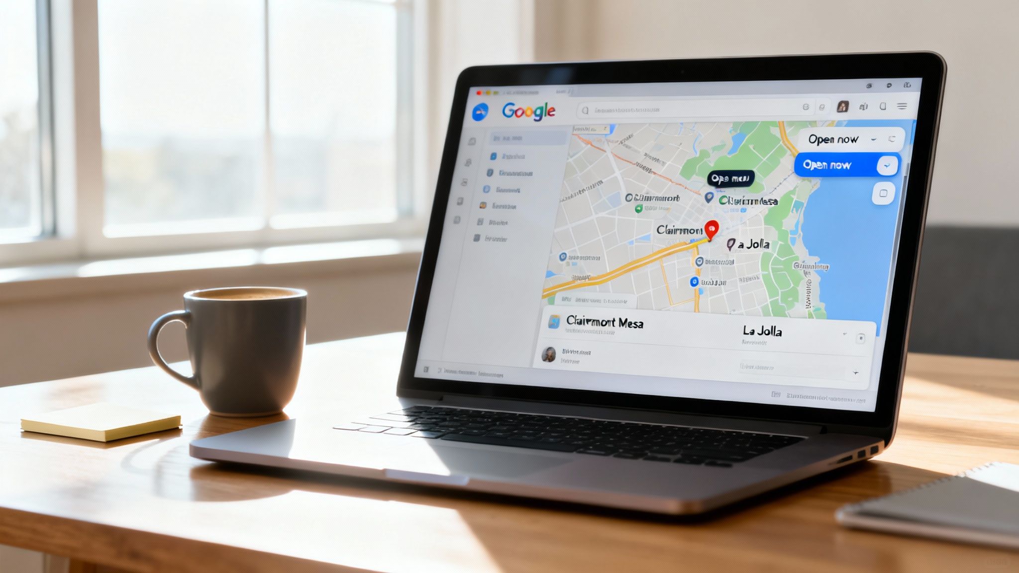 Laptop displaying Google Maps with 'Open now' results, a coffee mug, and sticky notes on a wooden desk.