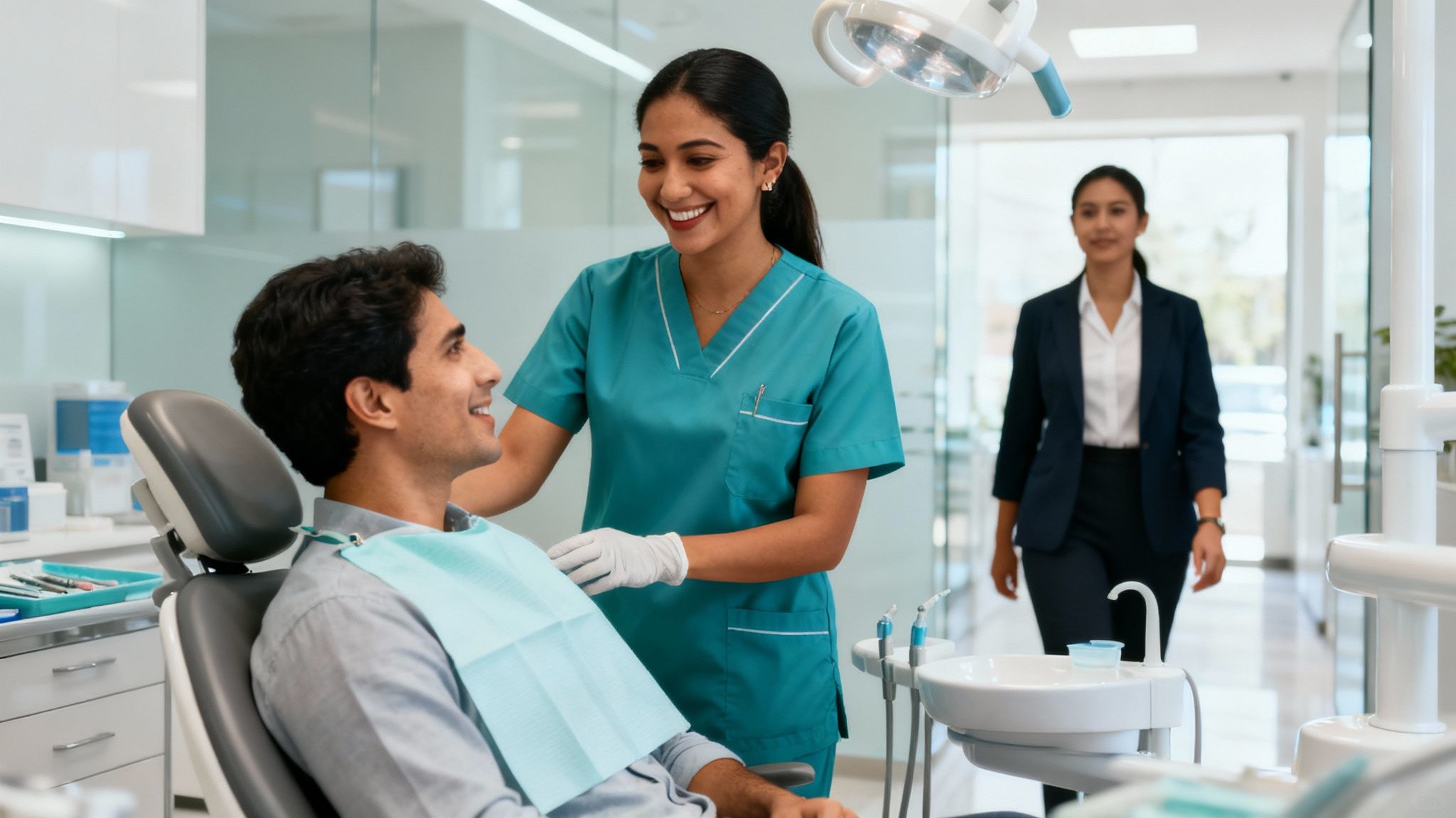 Tijuana Dentist vs US Dentist: Quality & Cost for Dental Implants, All on 4, and Full Mouth Restoration in Tijuana 4 A welcoming dental clinic reception area with friendly, bilingual staff.