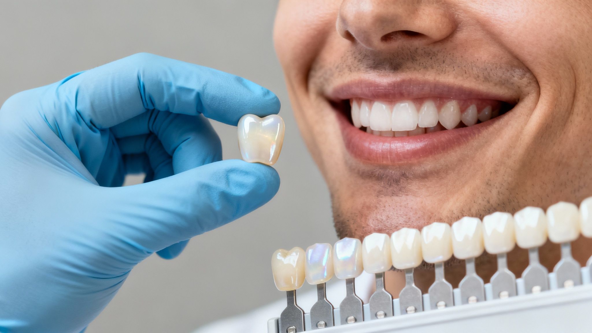 A smiling man's perfect white teeth next to a dentist's gloved hand holding a dental crown and shade guide.