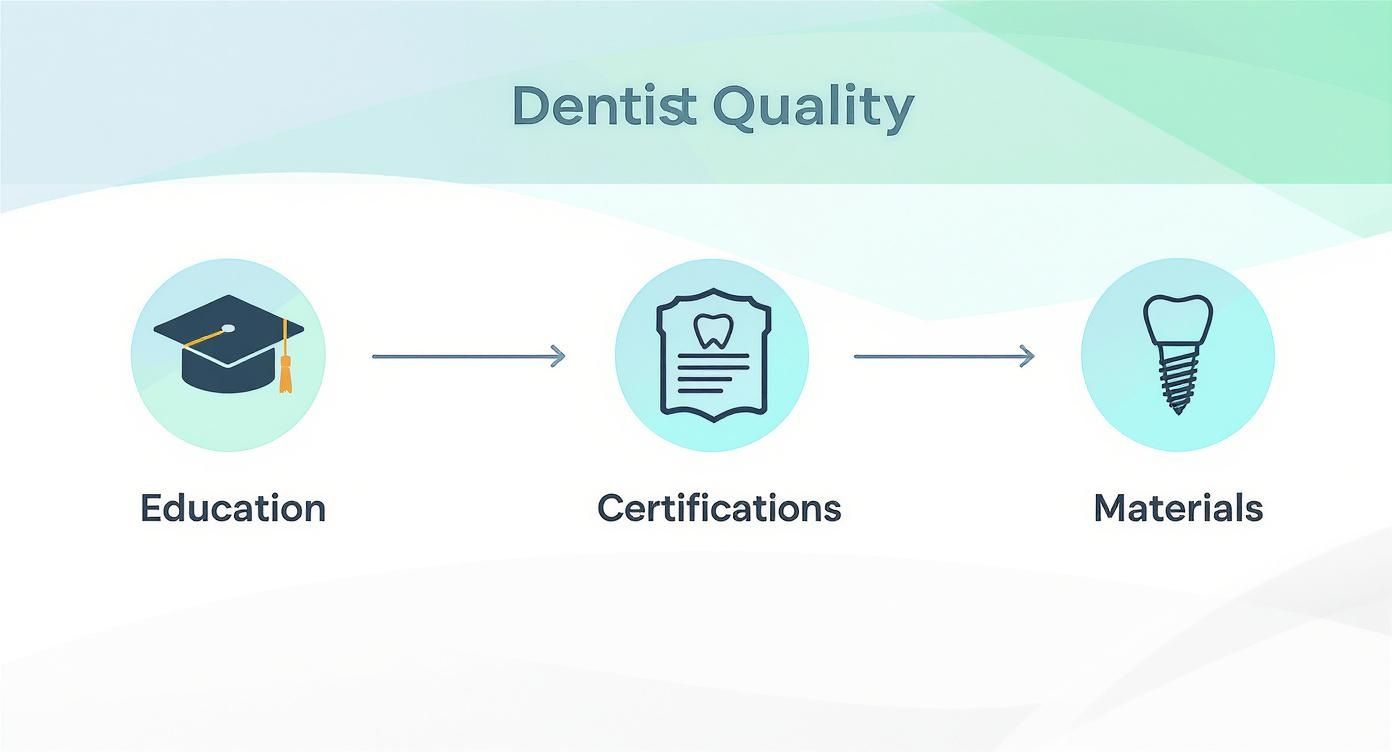 Dentist quality infographic showing education graduation cap, certifications certificate, and dental implant materials progression