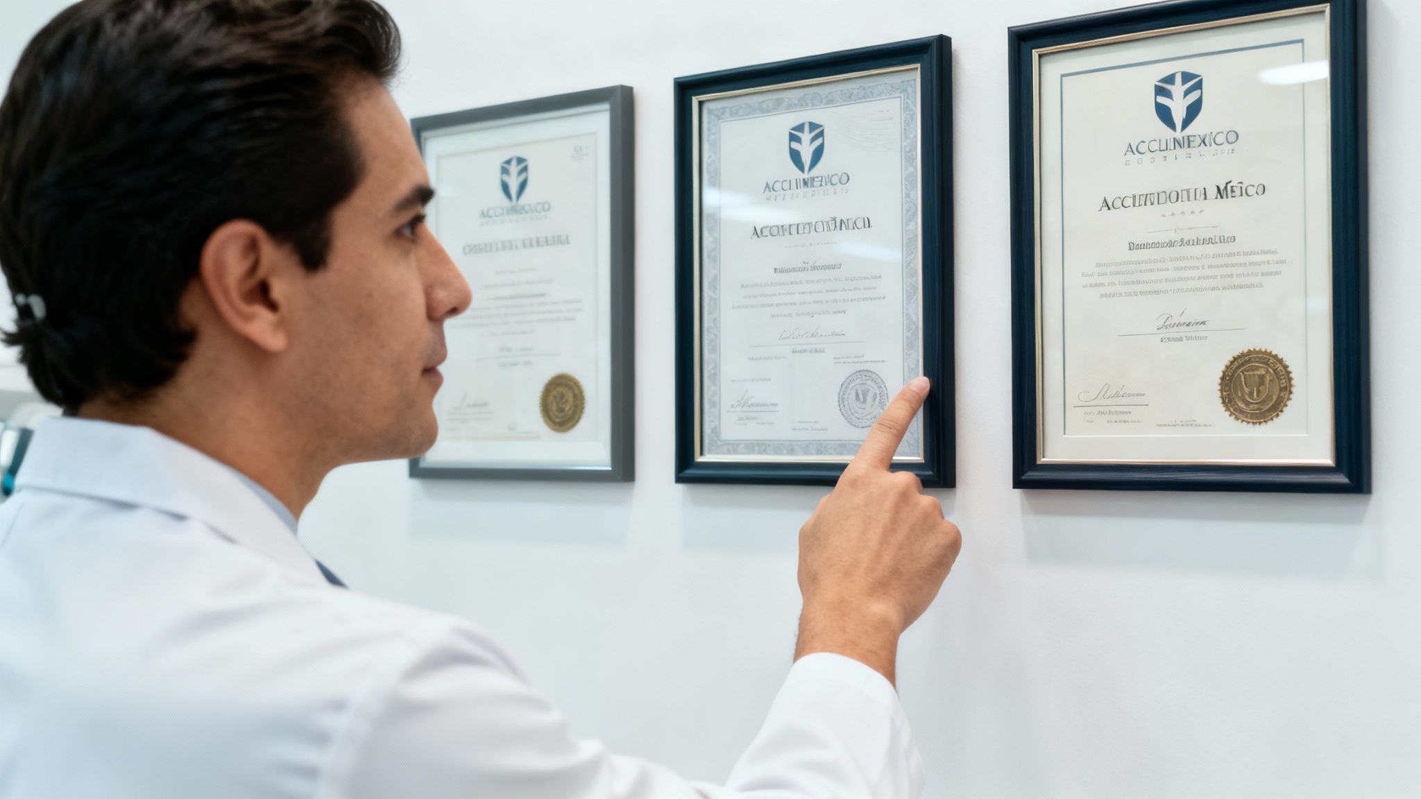 A close-up shot of a dentist's professional certification hanging on a clinic wall, with the text and names blurred to be generic.