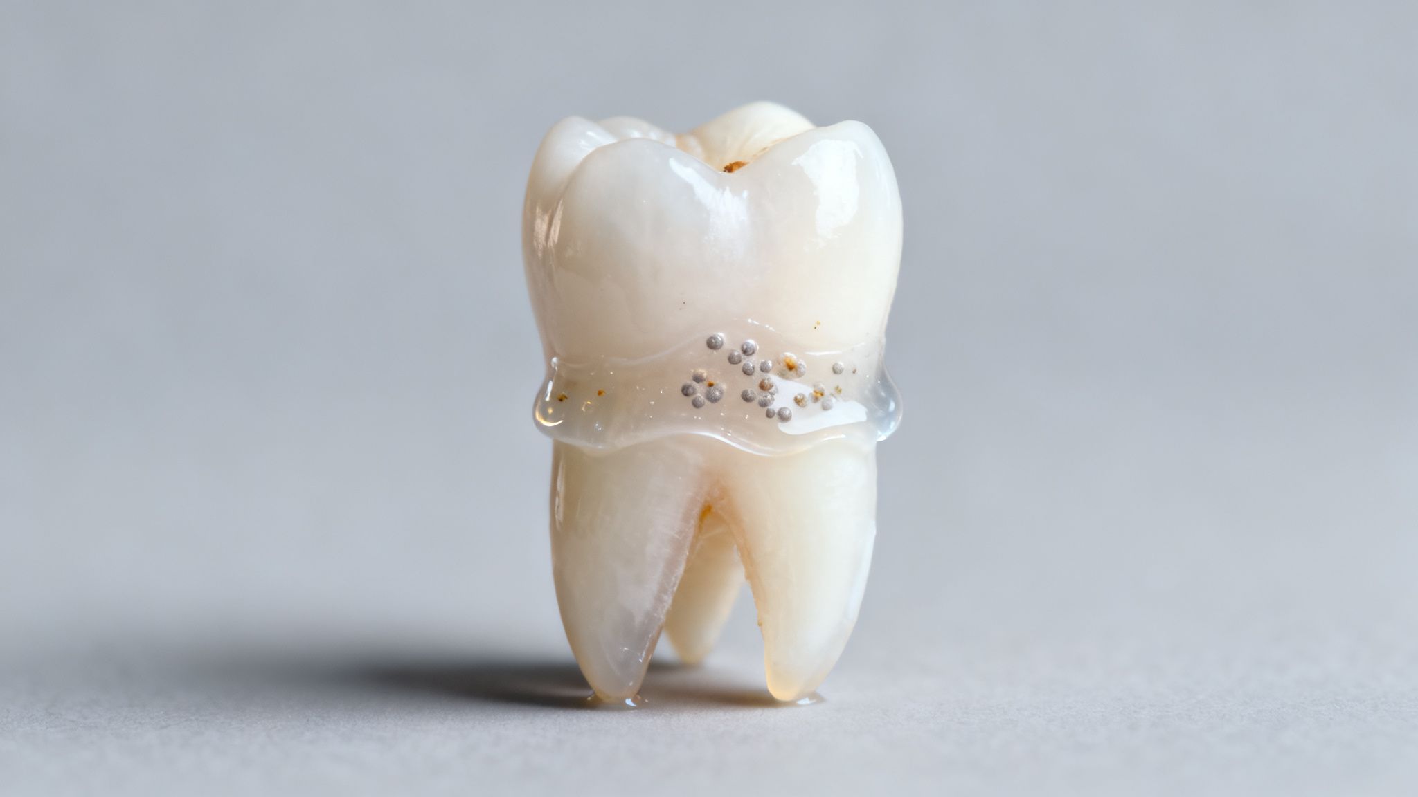 A detailed view of a tooth model showing simulated plaque and tartar buildup on its surface.