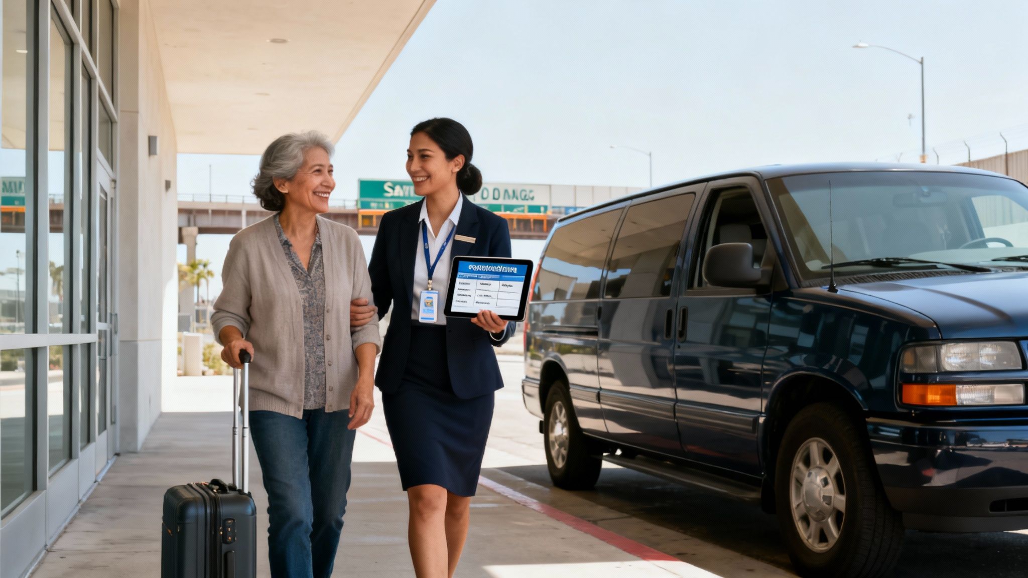 A smiling airport assistant guides an older woman with a suitcase towards a shuttle van.