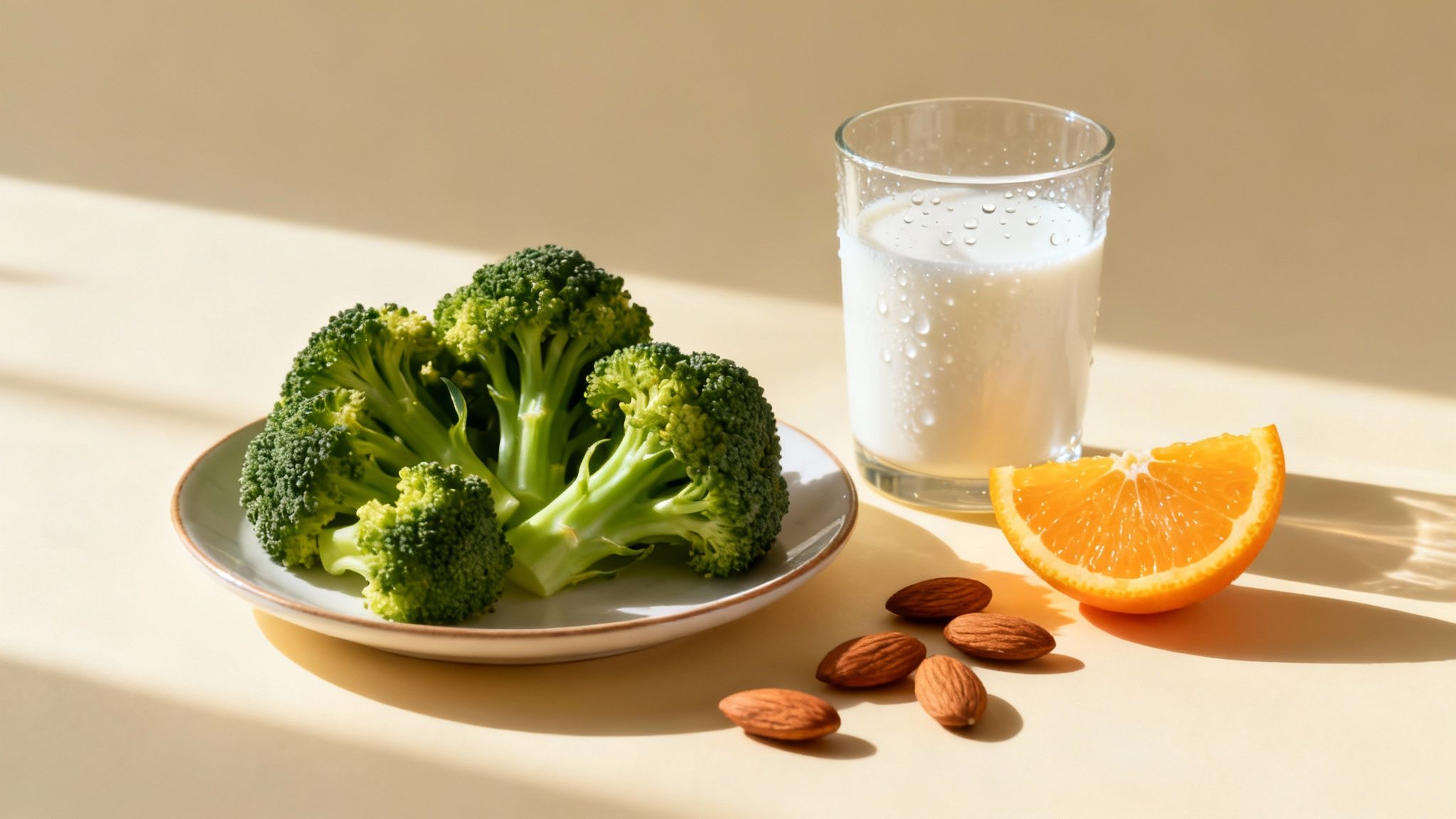 A vibrant assortment of tooth-friendly foods like cheese, nuts, and leafy greens arranged on a wooden board