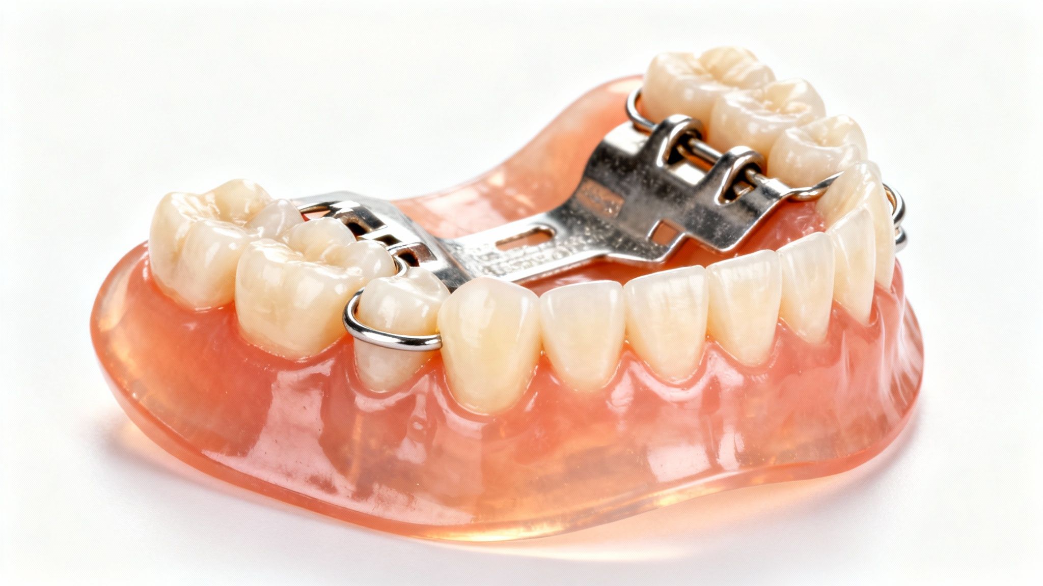 A removable partial denture with metal clasps sitting on a flat surface.