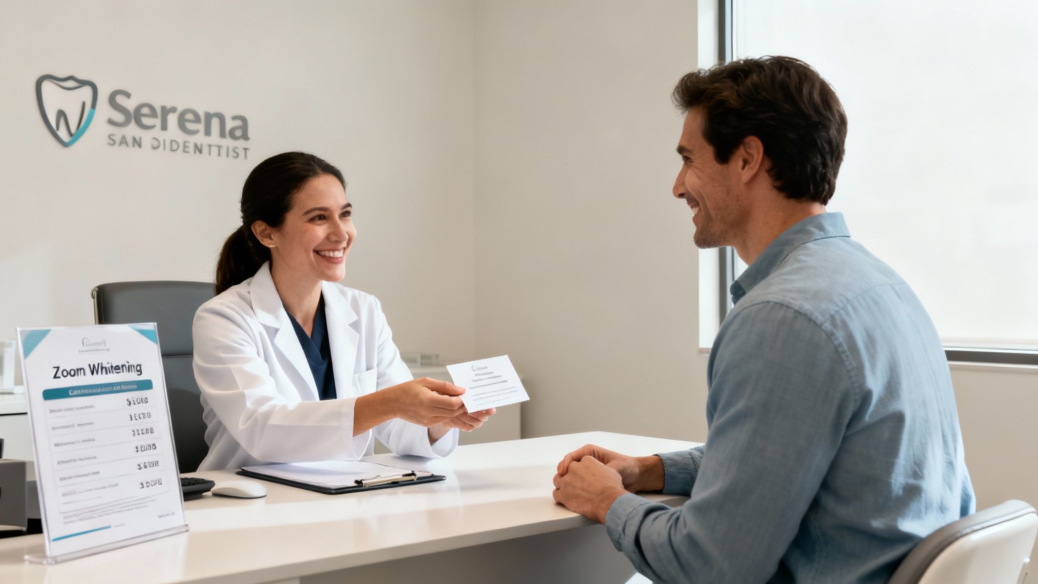A smiling female dentist hands a document to a male patient at a dental clinic desk, discussing Zoom Whitening.
