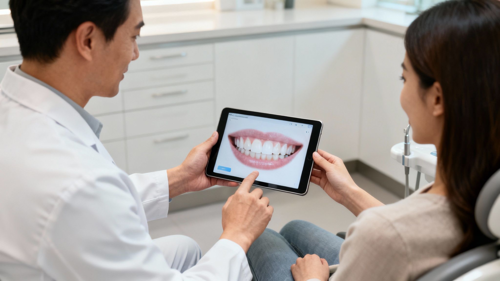 A dentist shows a patient a digital simulation of perfect teeth on a tablet in a clinic.