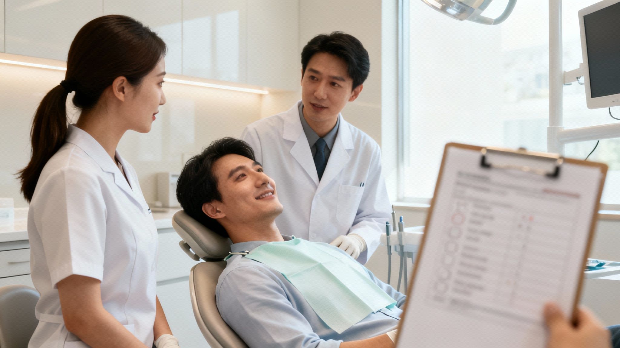 A male patient smiles while a male dentist and female assistant attend to him in a modern dental clinic.