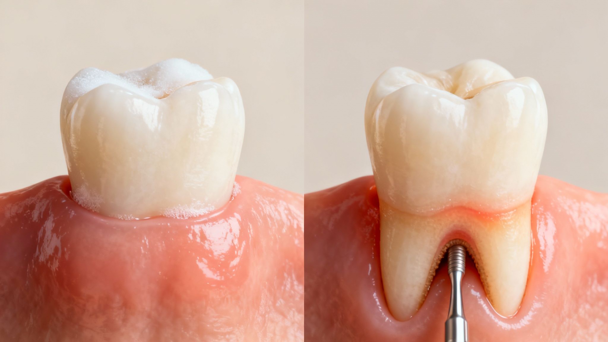 Comparison of a tooth with plaque buildup before and during a dental cleaning procedure with a tool.