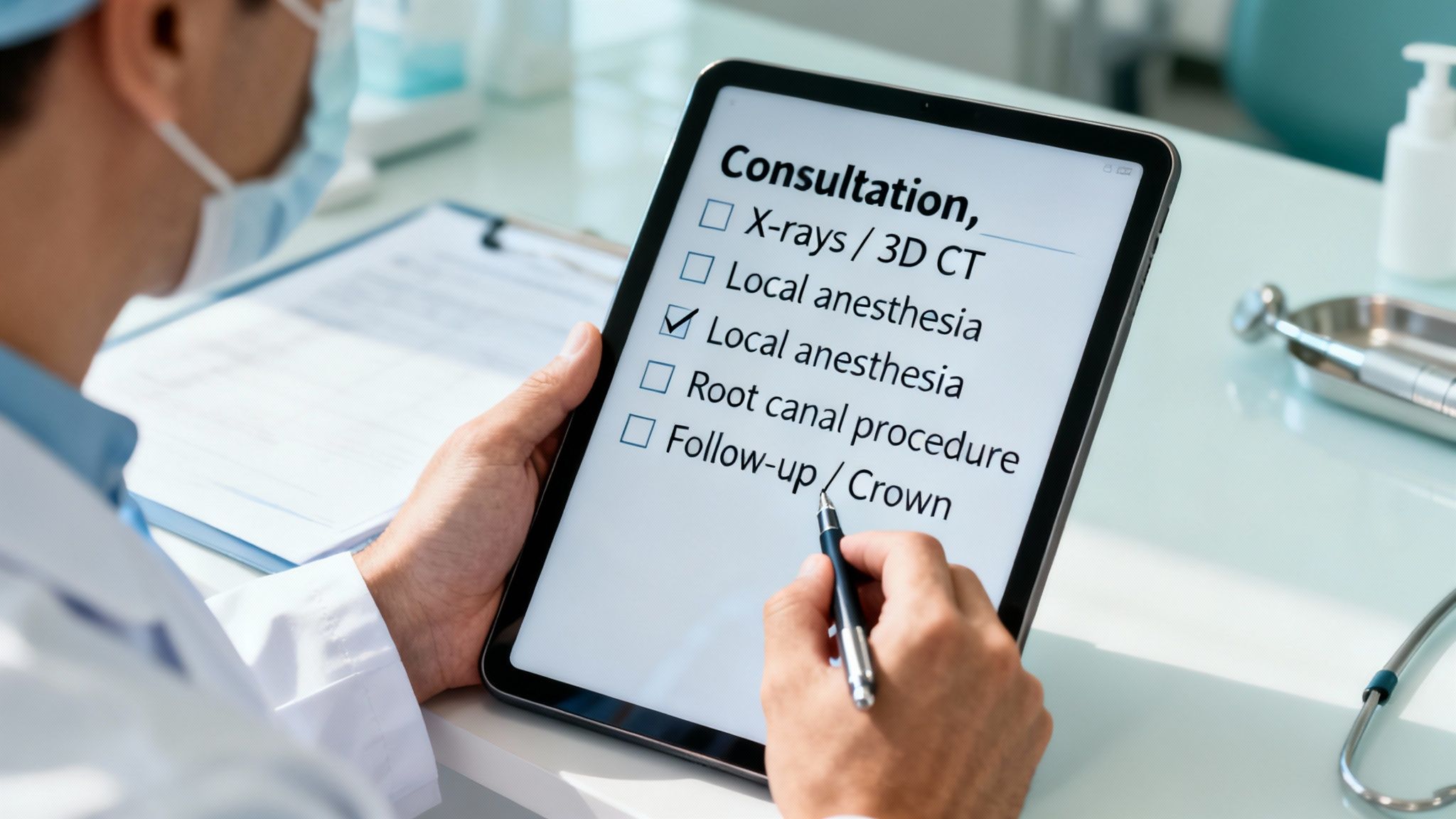A masked doctor checks 'Local anesthesia' on a dental consultation checklist on a tablet screen.