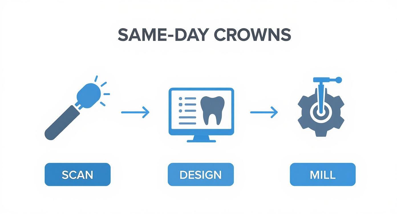 Diagram illustrating the three-step process for same-day dental crowns: scan, design, and mill.