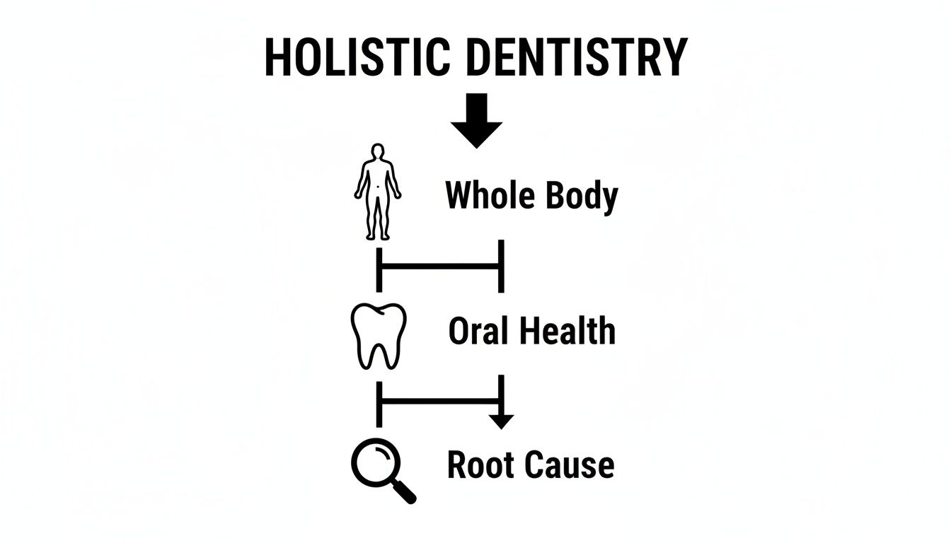Diagram illustrating holistic dentistry, connecting whole body, oral health, and finding the root cause.