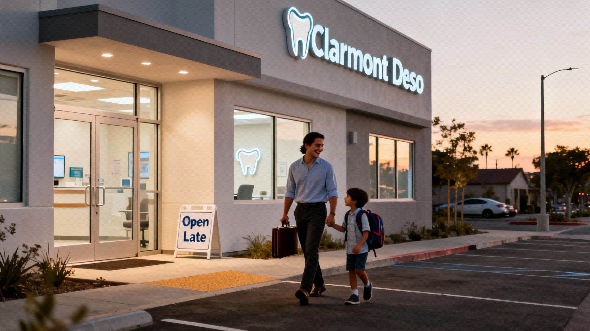Man and child smiling, walking out of Clarmont Deso dental office at dusk with an 'Open Late' sign.