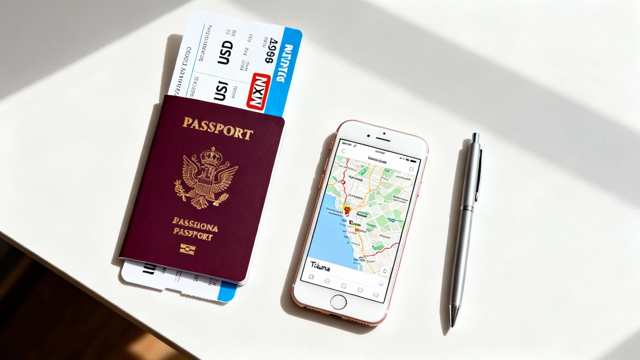 A passport with a boarding pass, a smartphone displaying a map, and a pen on a white table.