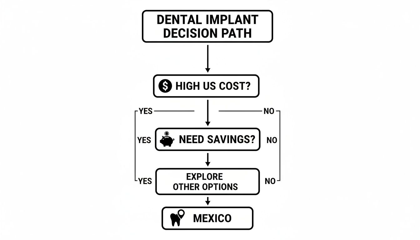 Flowchart outlining dental implant decision path, considering US cost, savings, and exploring options in Mexico.