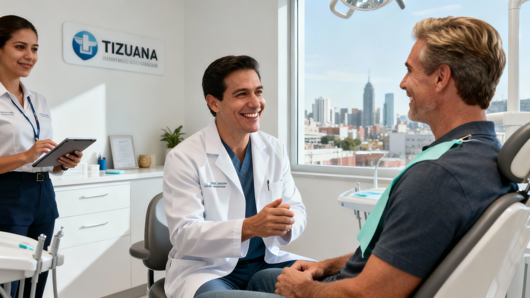 A smiling male dentist talks to a patient in a modern dental office with an assistant nearby.