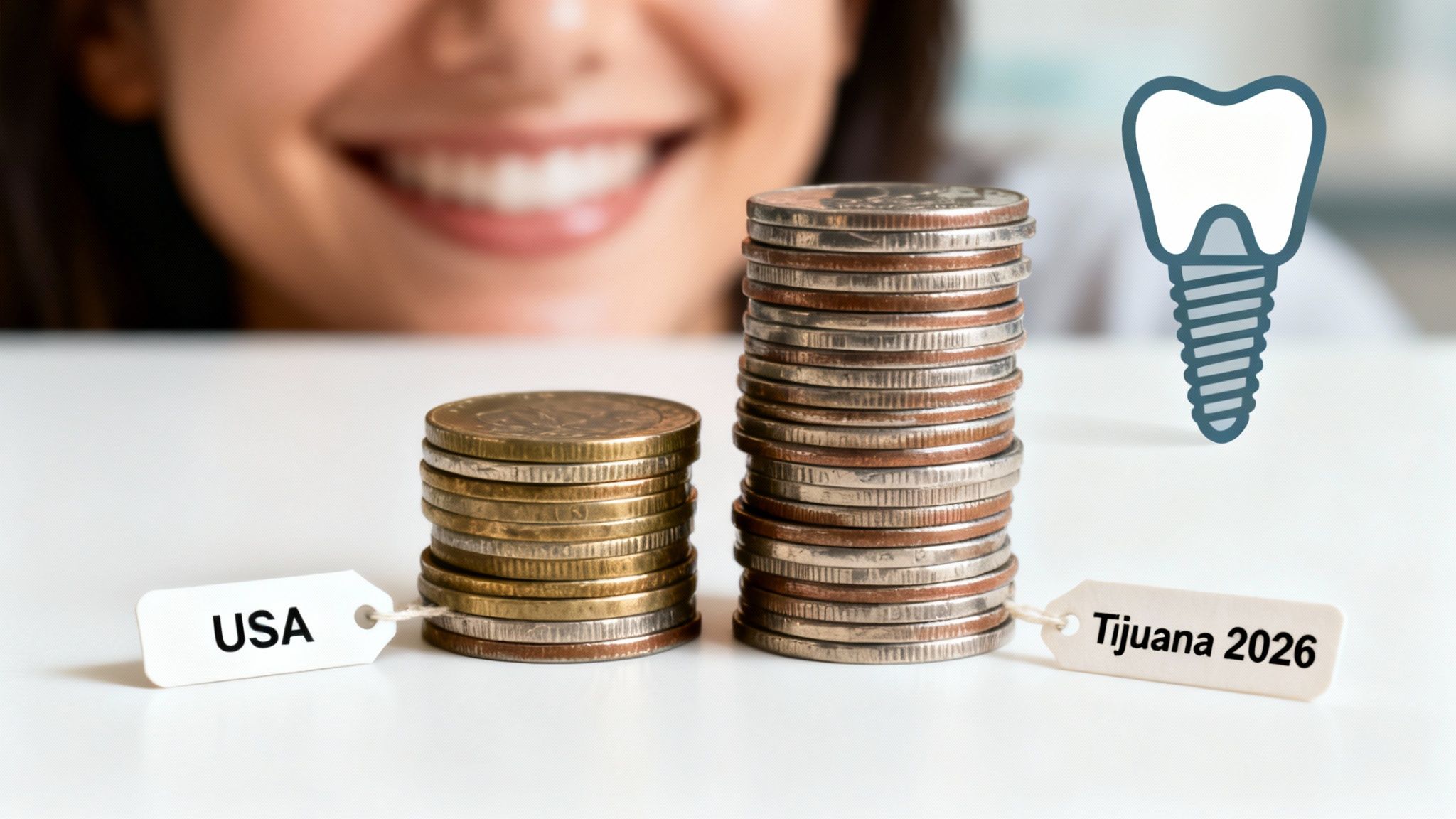 Smiling woman views two stacks of coins, representing USA and Tijuana 2026 dental implant costs.