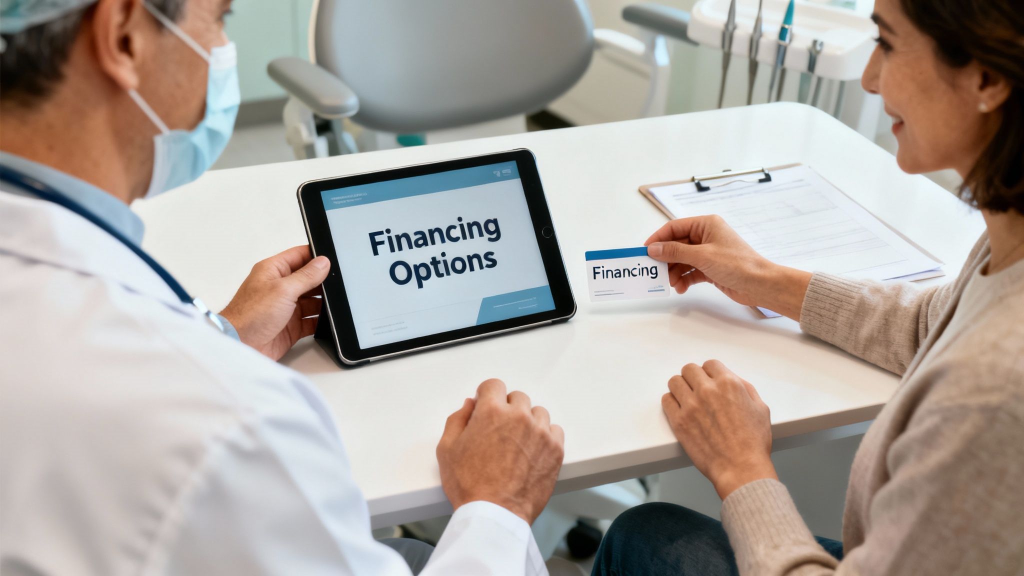 Doctor discusses financing options on a tablet with a patient holding a financing card in a clinic.