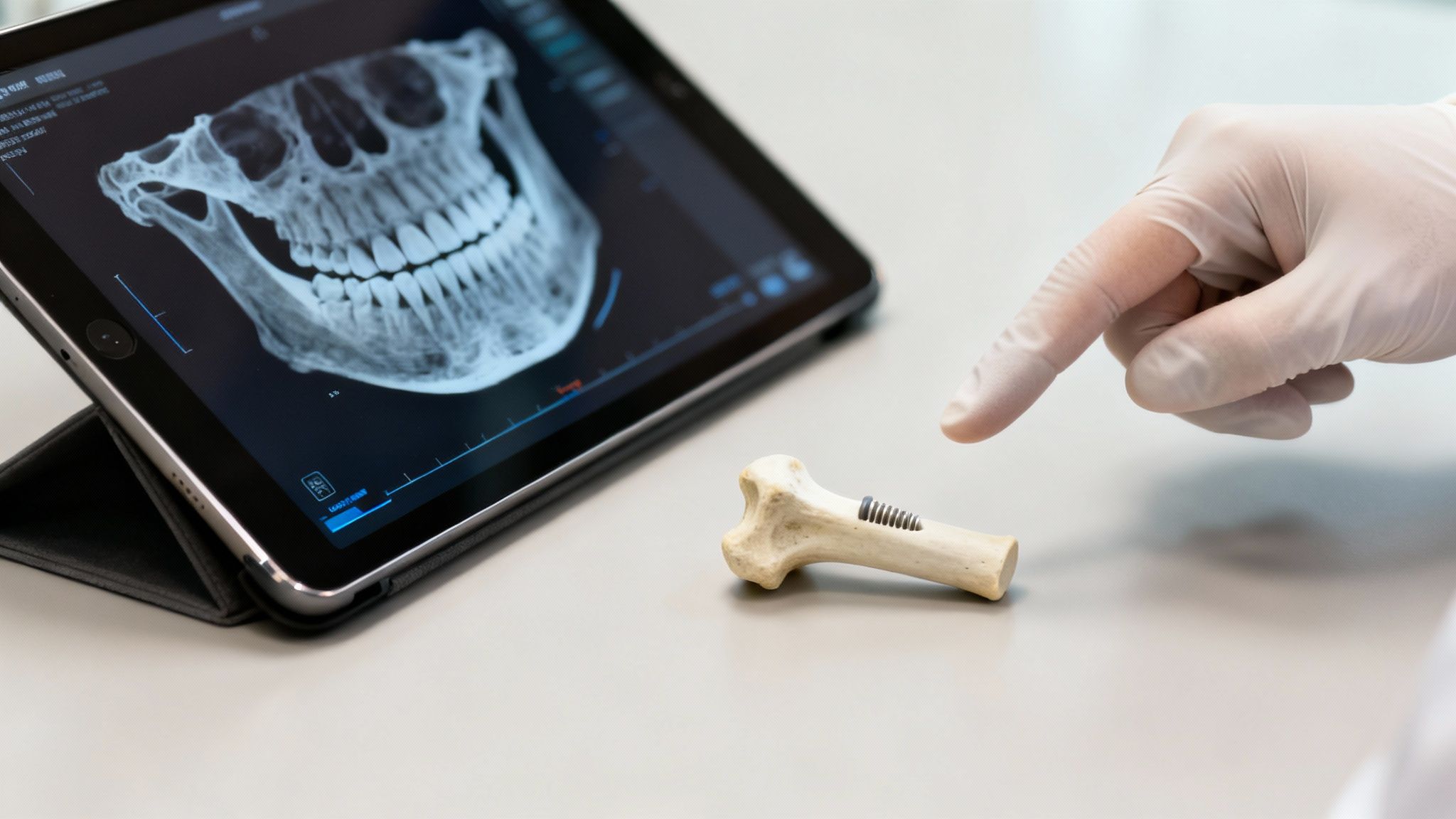 A gloved hand points to a bone model with a dental implant, next to a tablet showing a jaw X-ray.