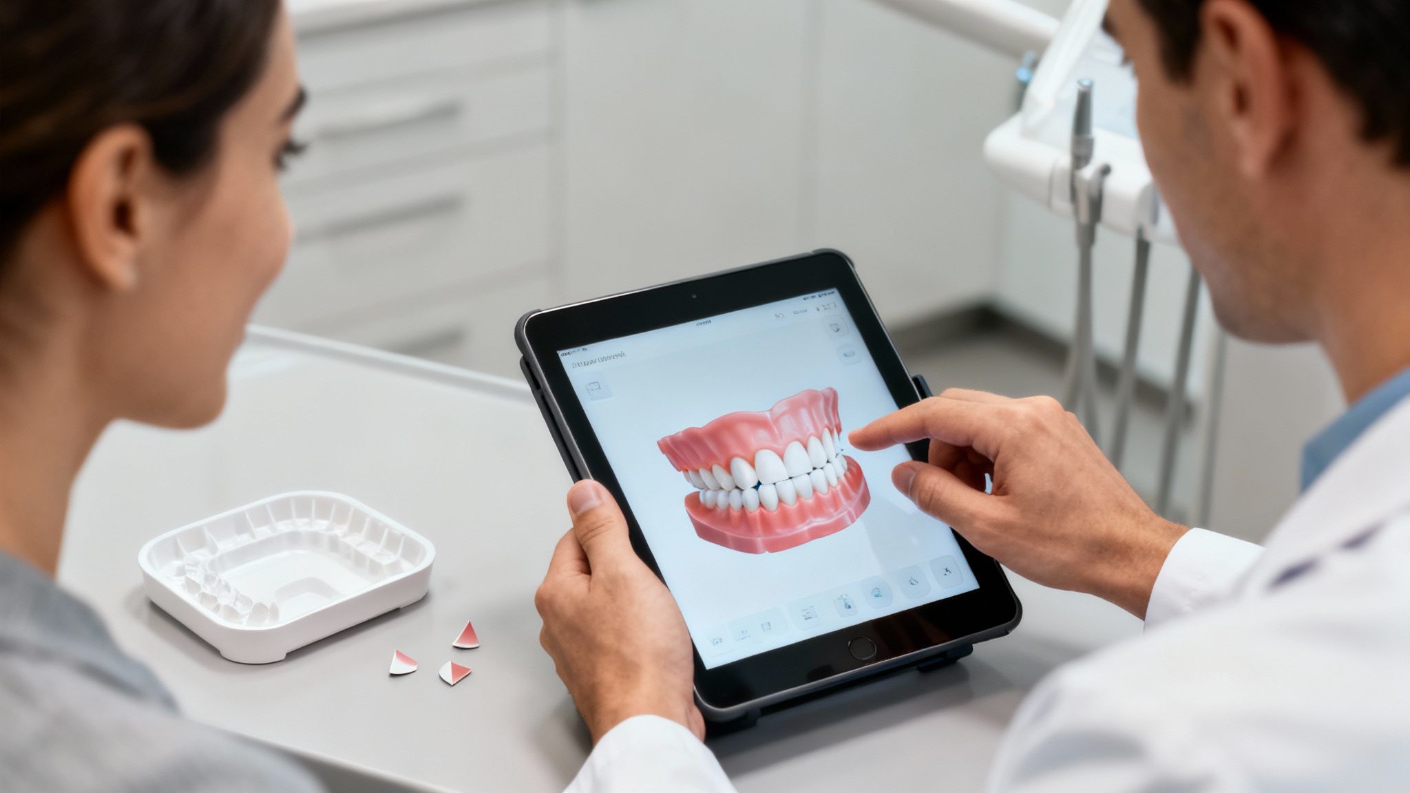 Dentist showing a patient a 3D dental model on a tablet in a modern clinic.