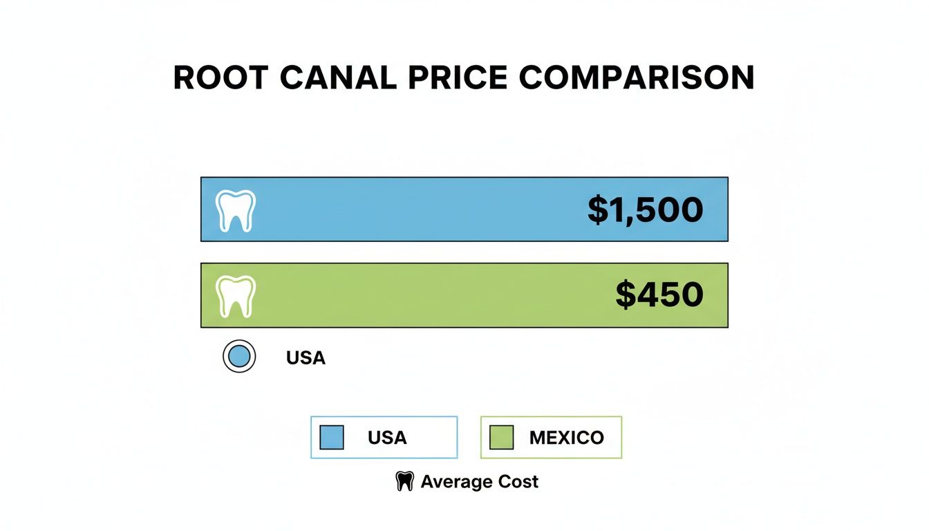 A bar chart comparing root canal prices between the USA ($1,500) and Mexico ($450).