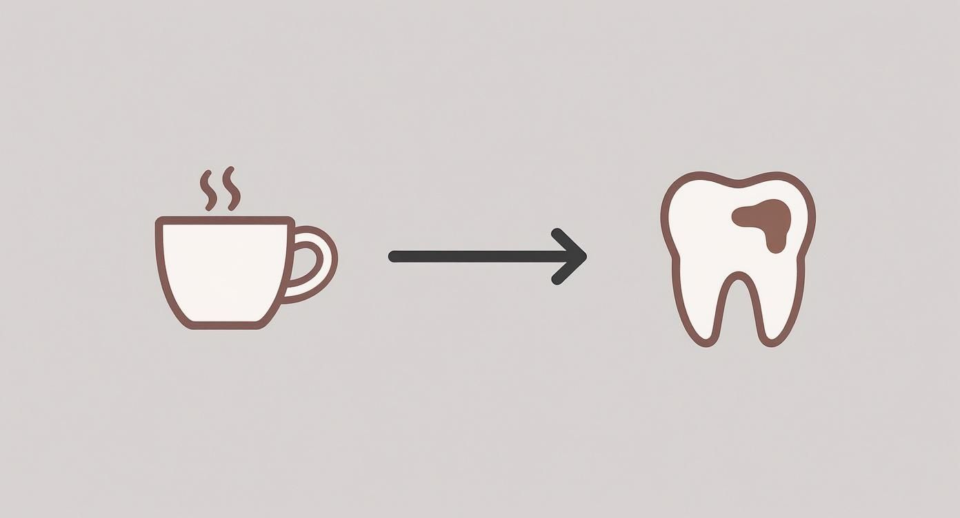 Coffee cup with arrow pointing to stained tooth showing coffee causing tooth discoloration