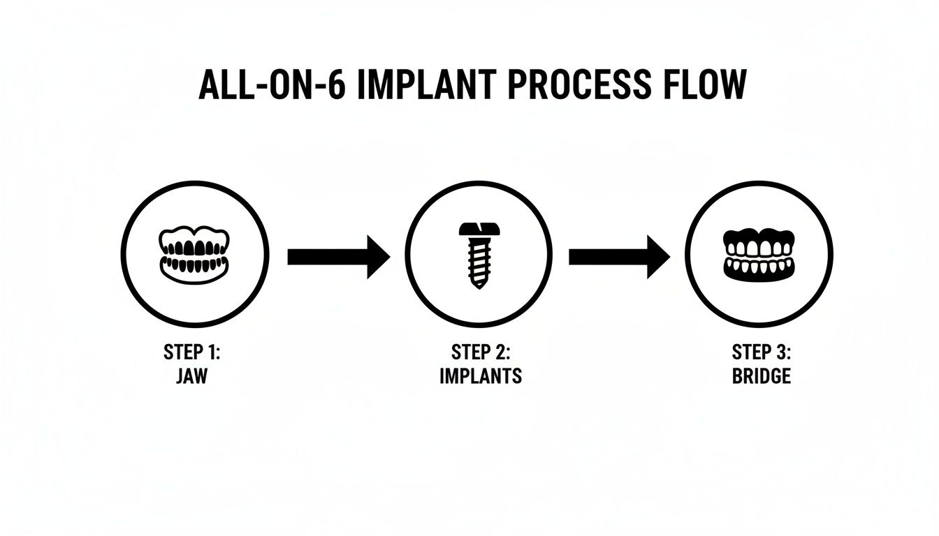 Diagram illustrating the All-On-6 dental implant process flow, from jaw to implants and bridge.