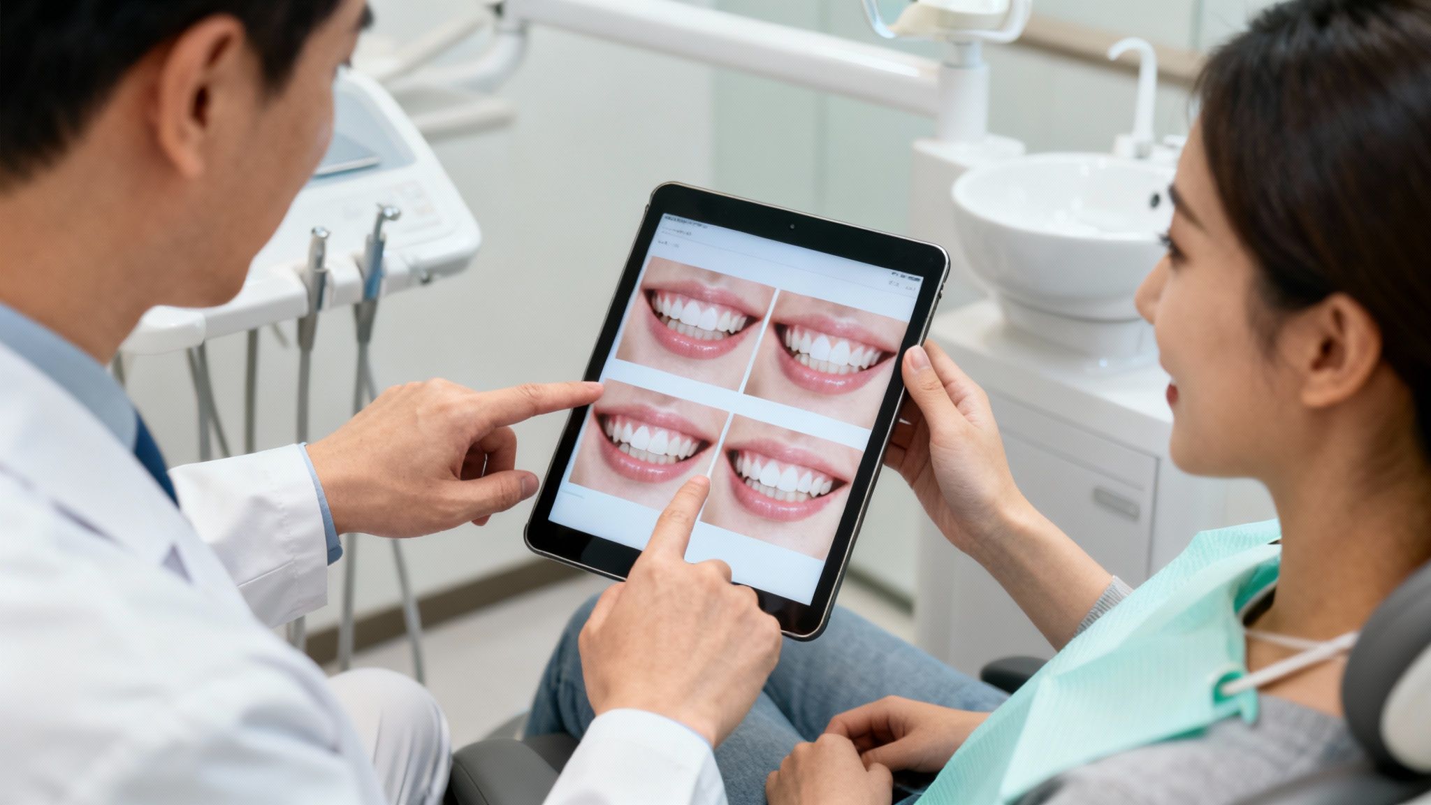 Dentist and female patient discuss smile options and teeth whitening on a digital tablet.