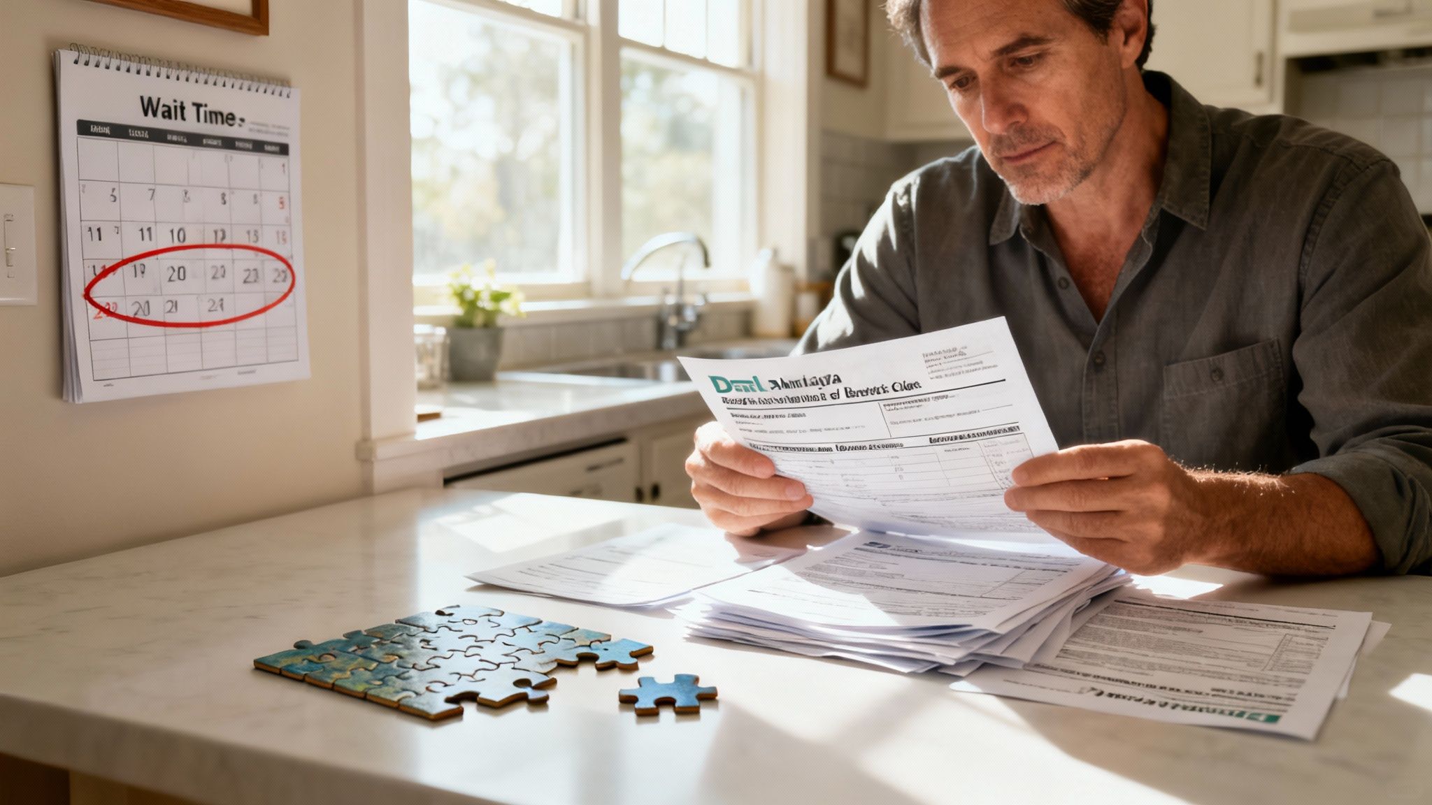 A man reviews dental insurance claim forms at a table with a calendar and jigsaw puzzle.