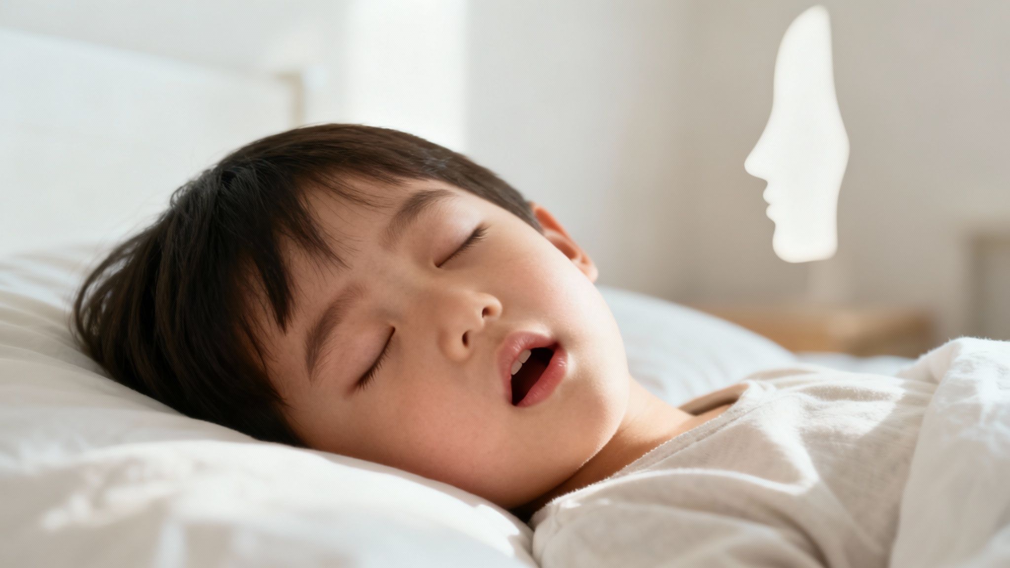 A child sleeping peacefully in bed, highlighting the importance of proper breathing during formative years.