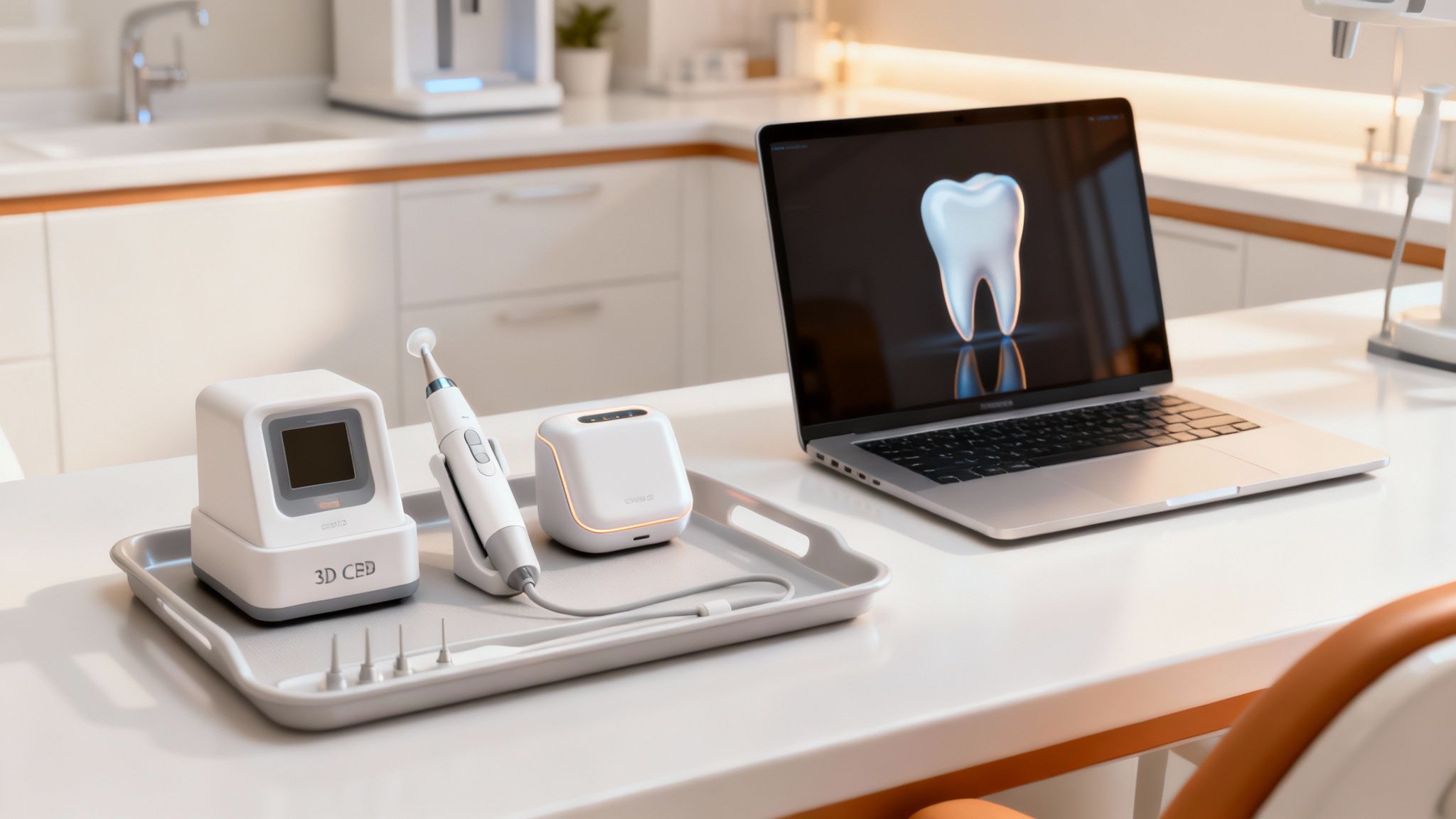 Modern dental office with 3D dental scanning equipment and a laptop displaying a tooth model.