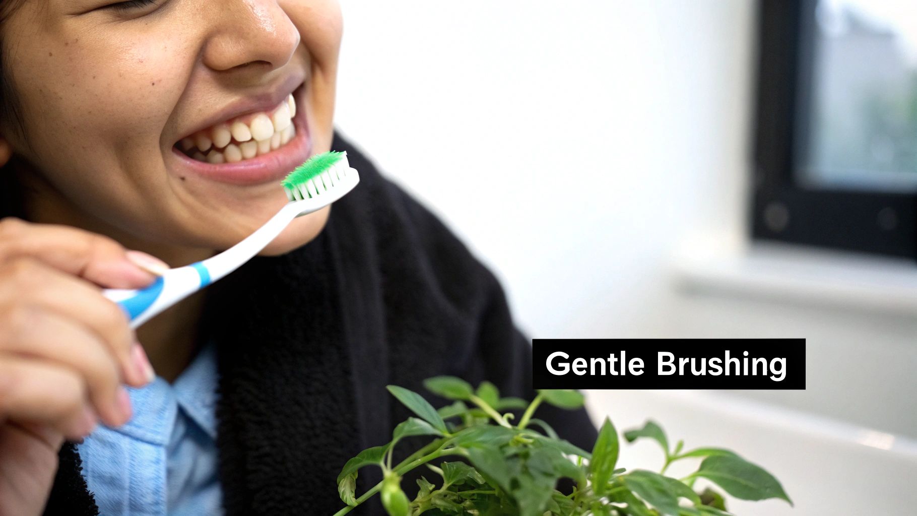 6 Essential Dental Implant Recovery Tips for 2025 1 A person gently brushing their teeth near a dental implant site with an ultra-soft toothbrush.