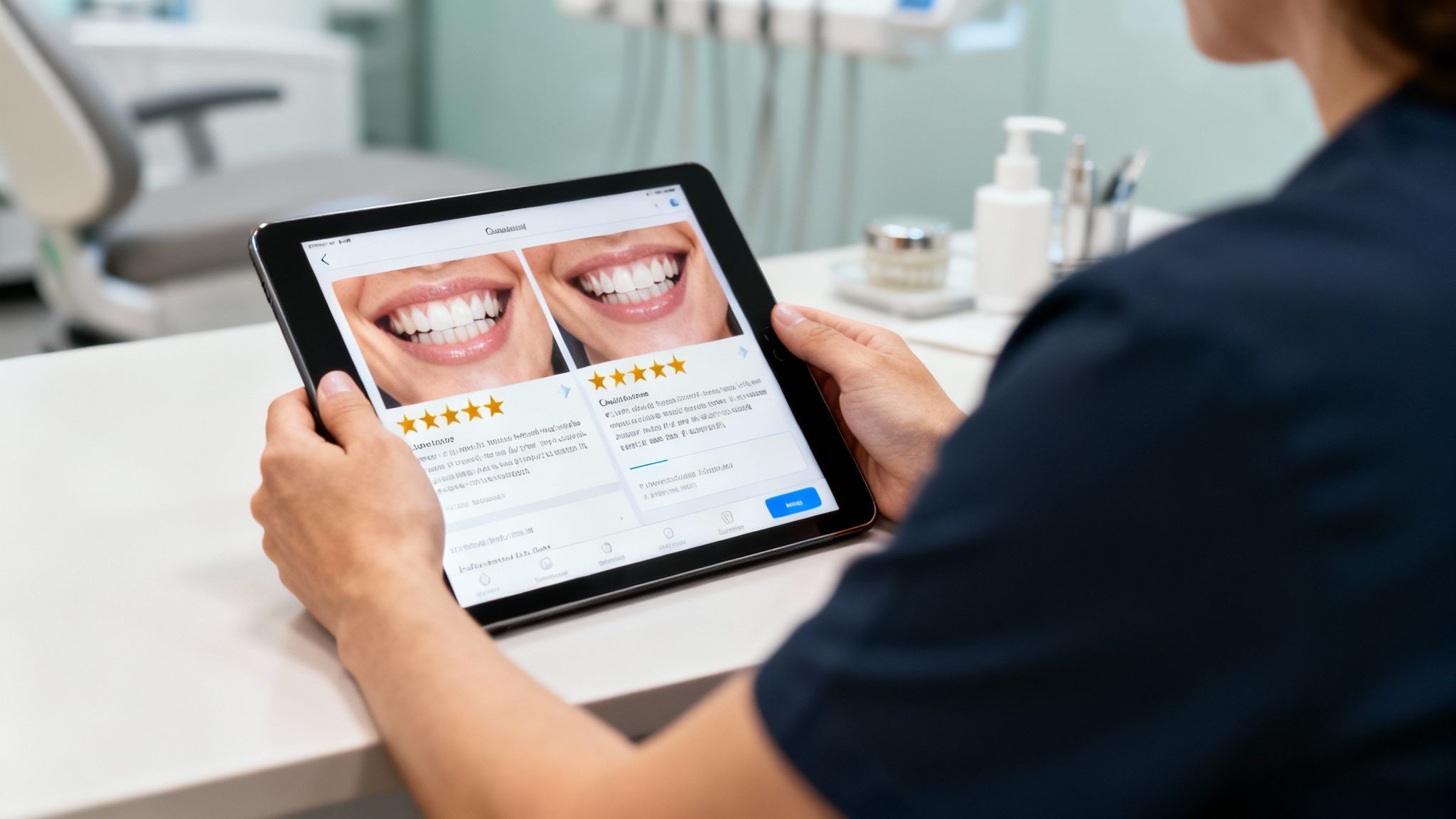 A person on a laptop, closely examining a screen displaying patient reviews and before-and-after dental photos.