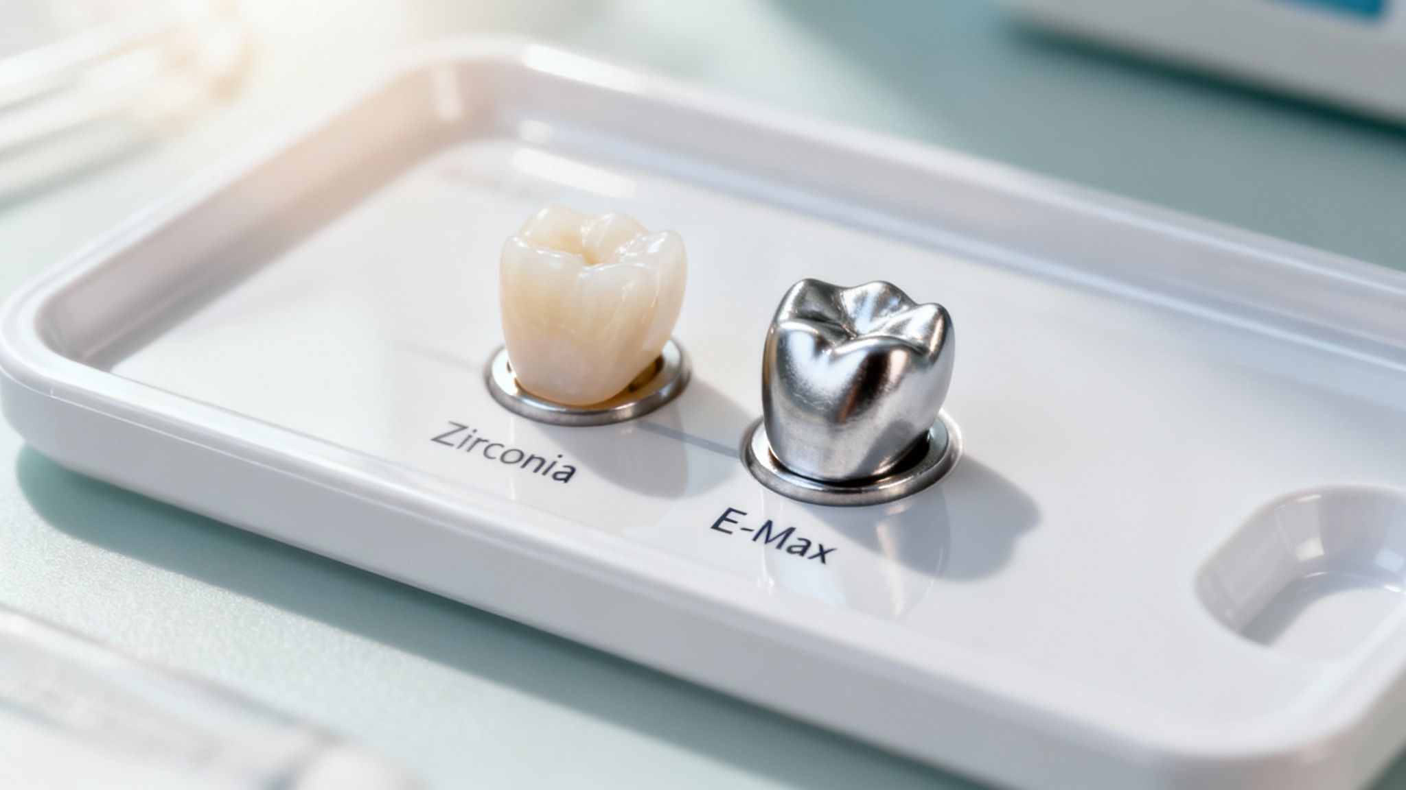 A dental professional showing a patient a model of different dental crown materials.
