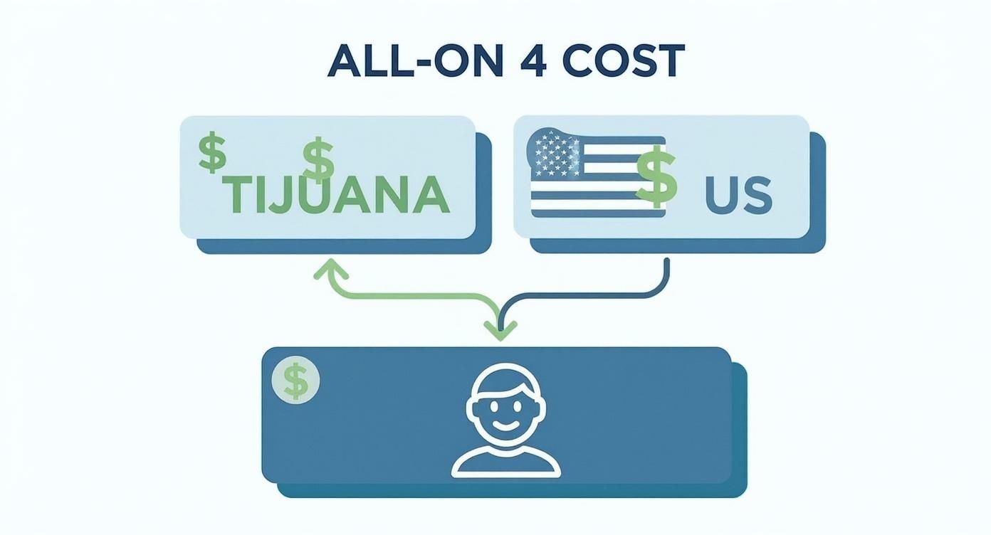 Diagram illustrating the cost comparison for All-on-4 dental implants between Tijuana, Mexico and the US.