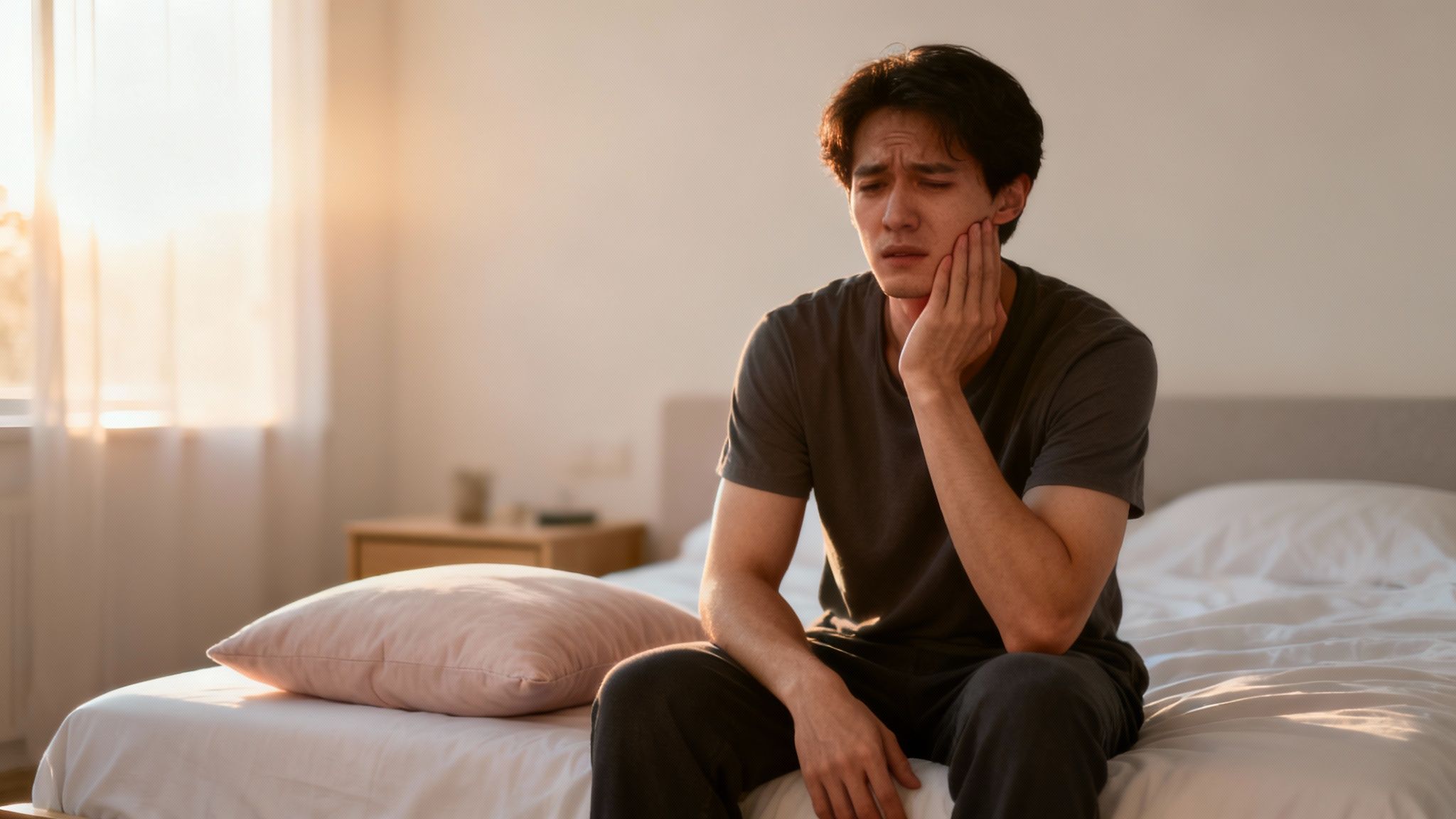 Distressed Asian man sitting on bed, holding jaw due to toothache or pain.