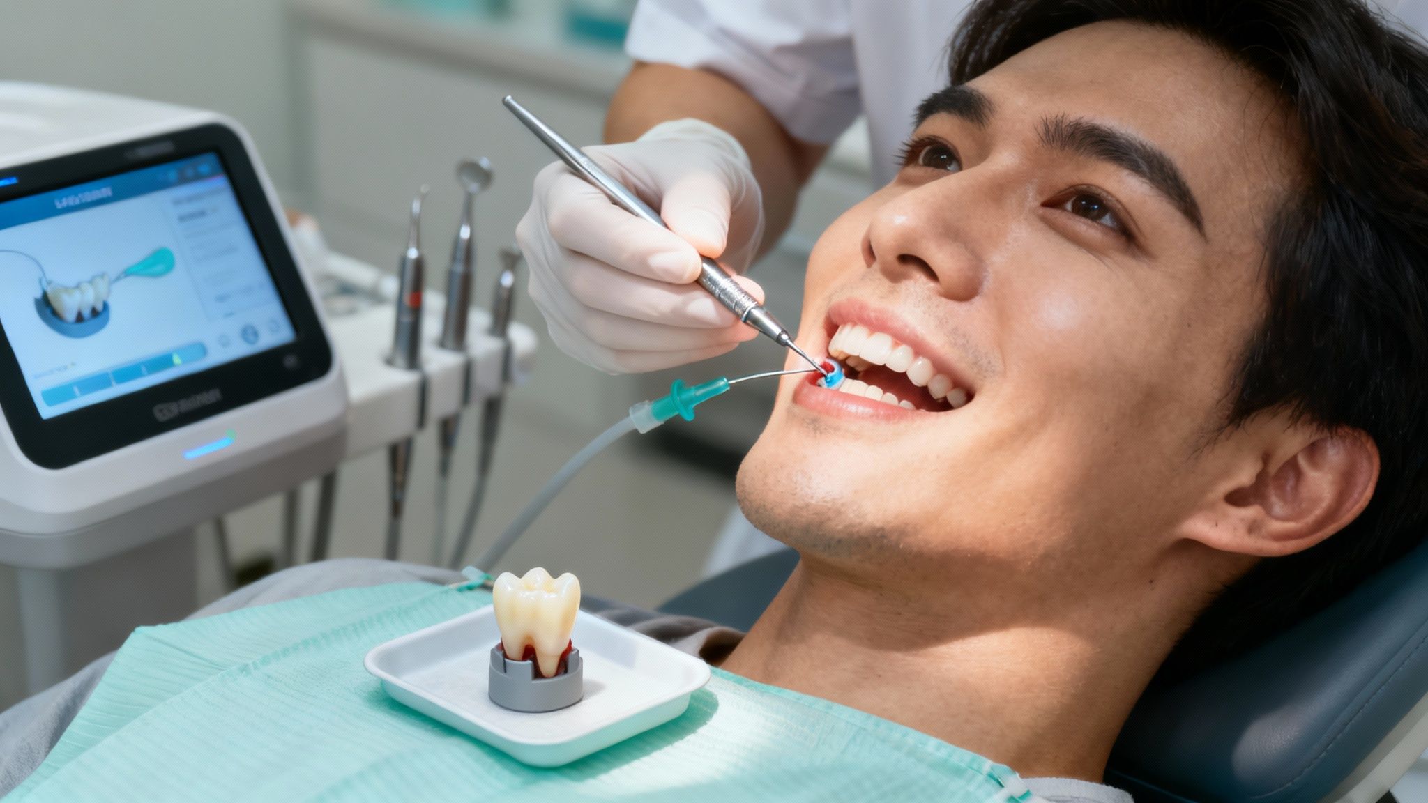 A dentist carefully placing a new dental crown on a patient's tooth.