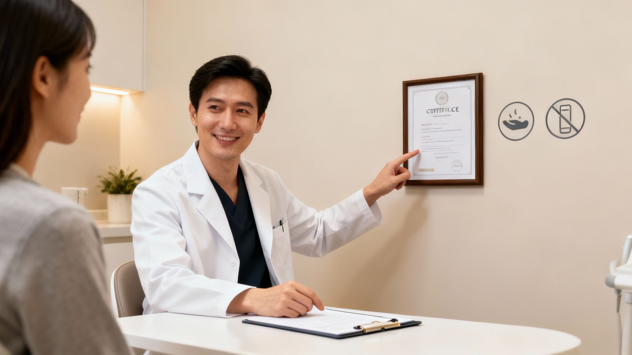 Smiling doctor explains to a patient, pointing at a certificate in a bright clinic.