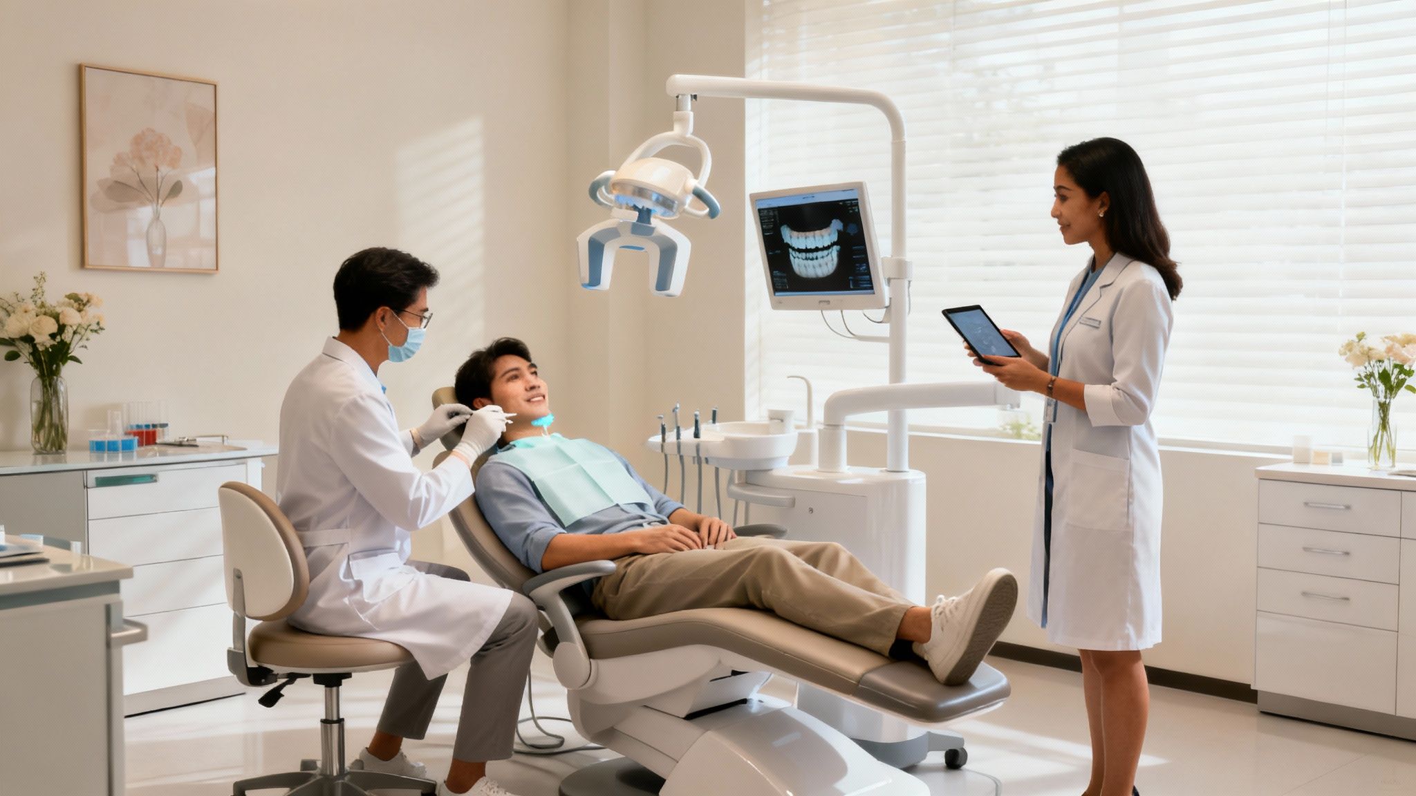 Three people in a modern dental clinic: two dentists examining a smiling patient in a chair.