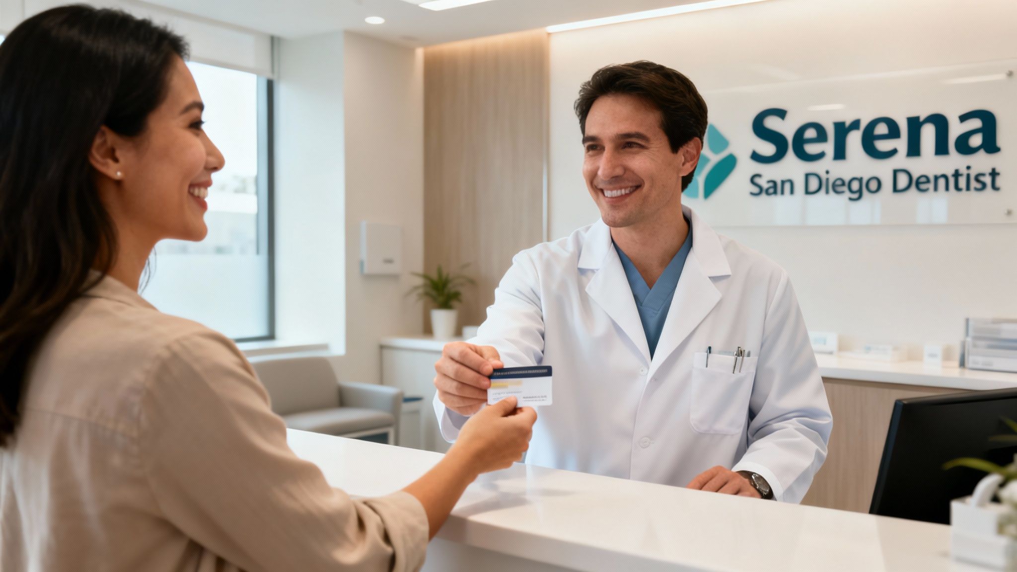 Smiling patient hands a payment card to a male dentist at a modern dental clinic.