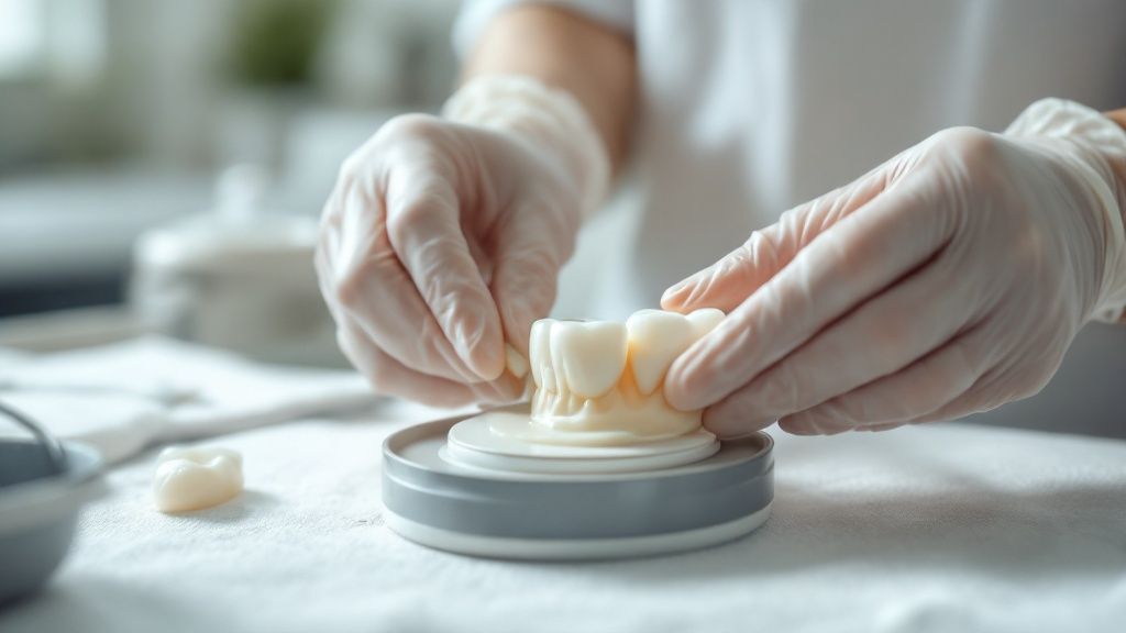 A friendly prosthodontist in a San Diego clinic discussing a treatment plan with a patient on a tablet.