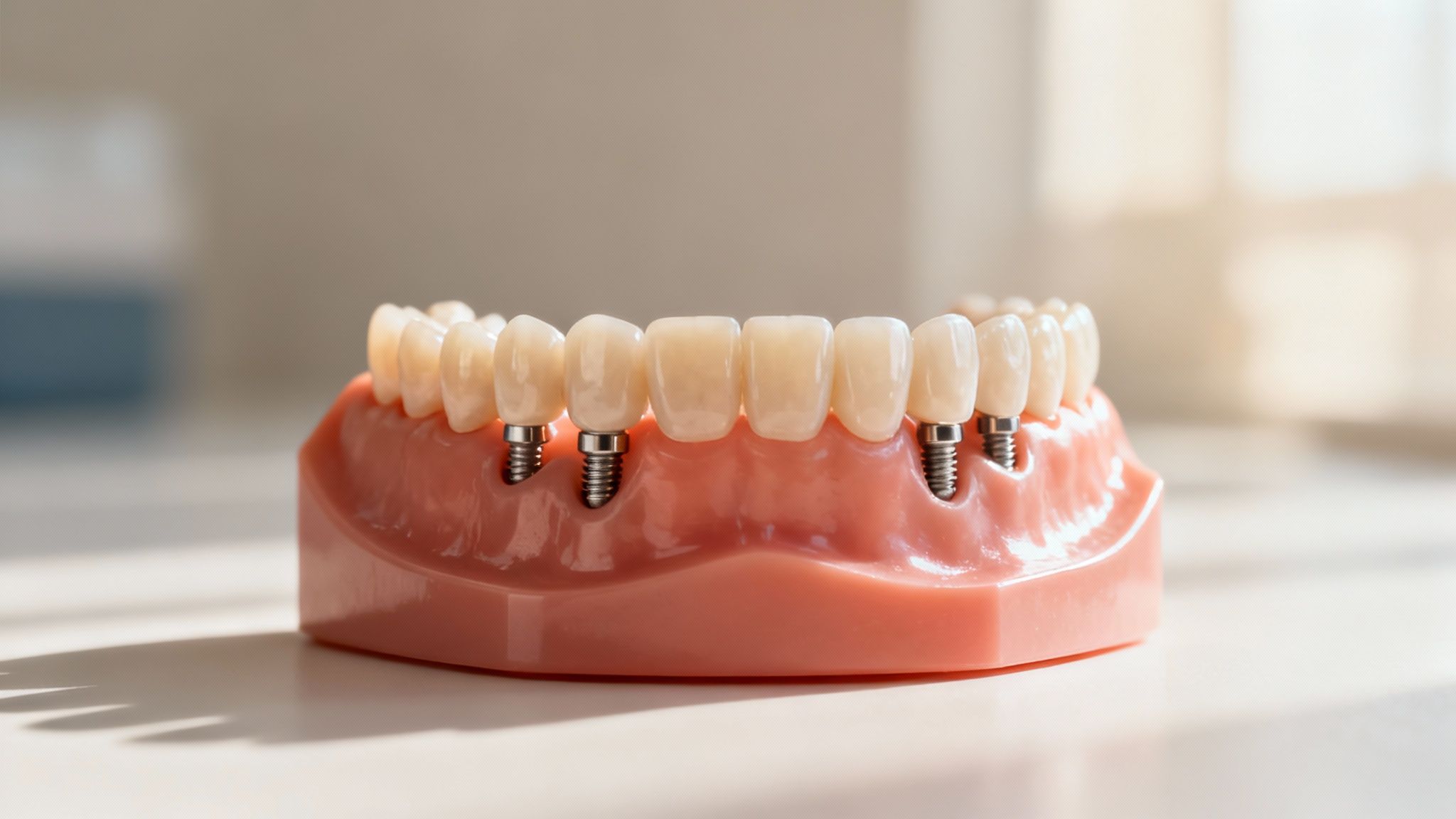 A detailed model showing the All-on-4 dental implant procedure.