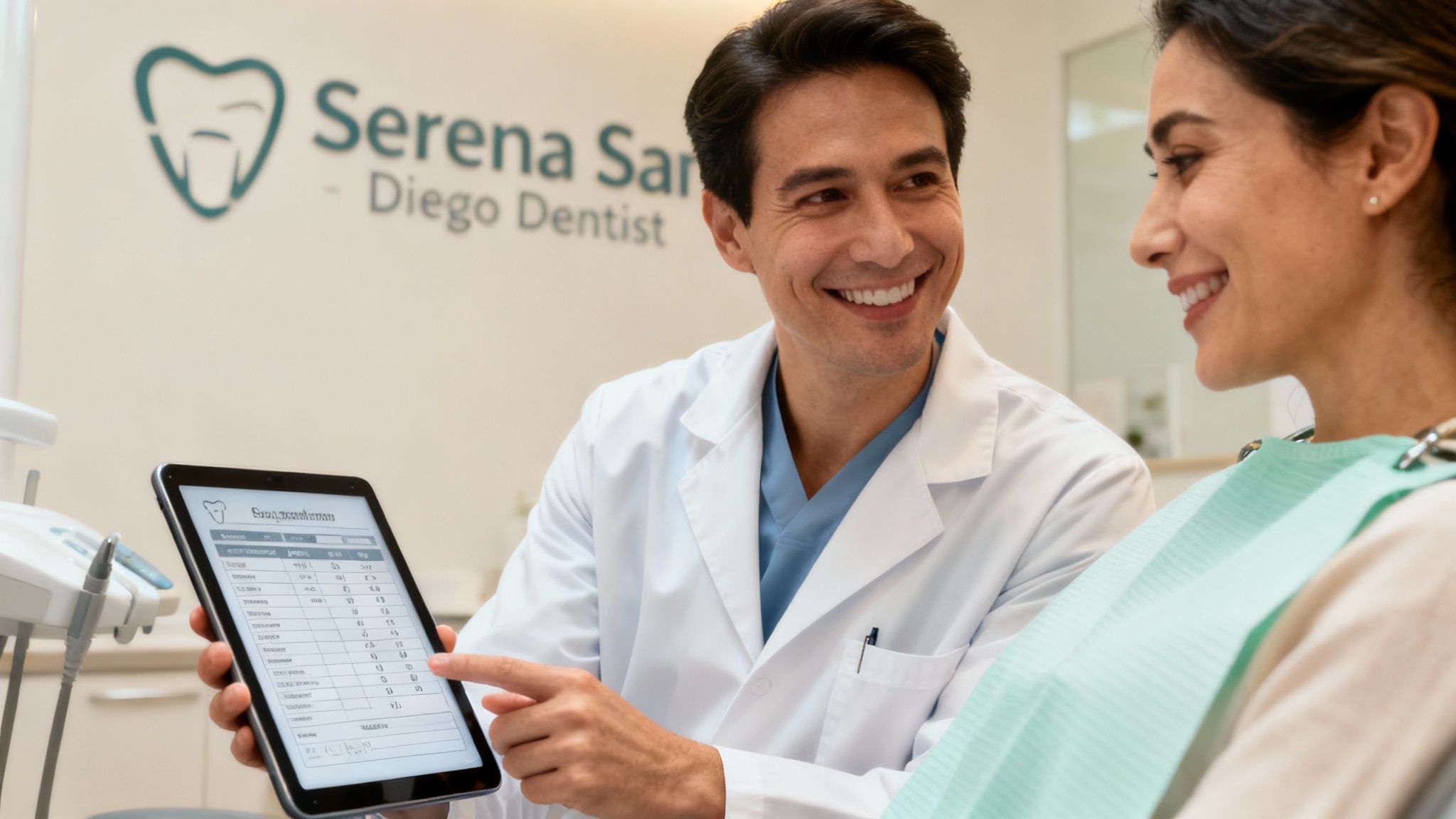A friendly San Diego dentist consulting with a patient in a modern, clean office.