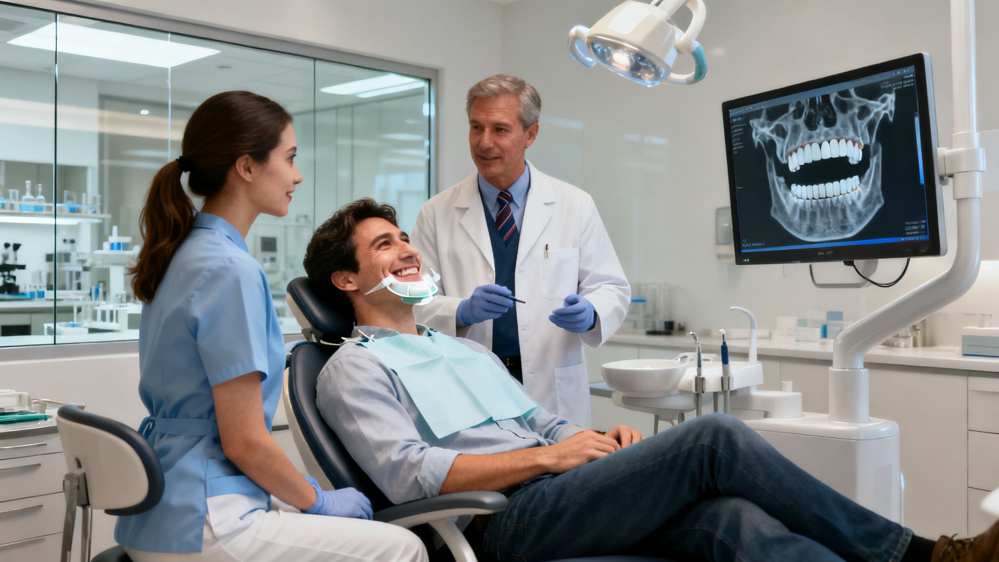 Smiling patient in a dental chair with a dentist and assistant showing an X-ray on screen.