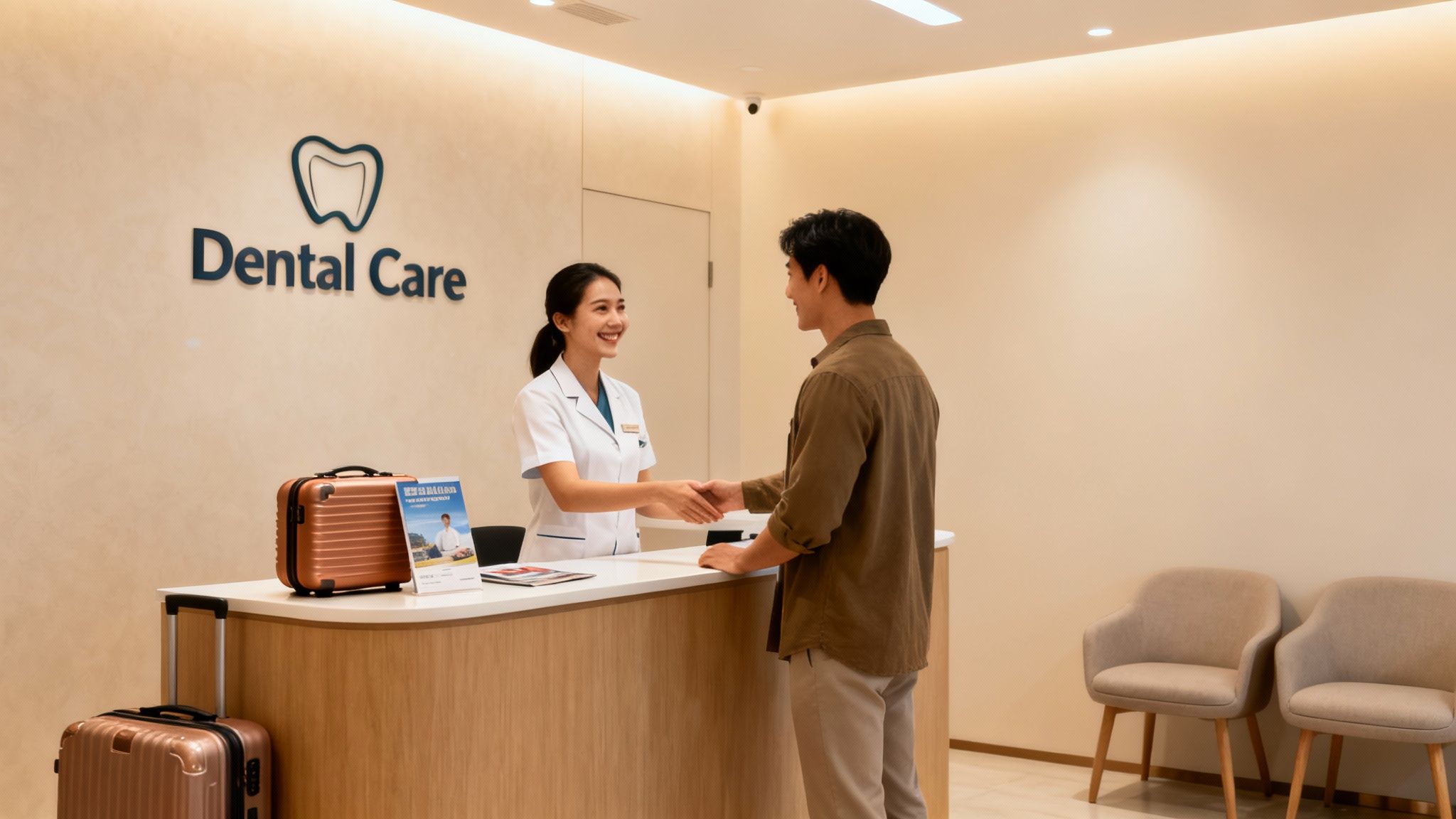 A smiling dental professional shakes hands with a patient at a reception, with a 'Dental Care' logo and suitcases.