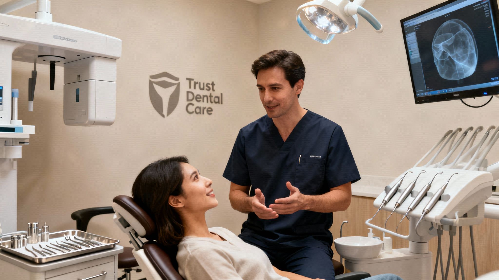 A male dentist in scrubs discusses treatment with a female patient in a bright, modern dental office, with equipment and an X-ray screen.