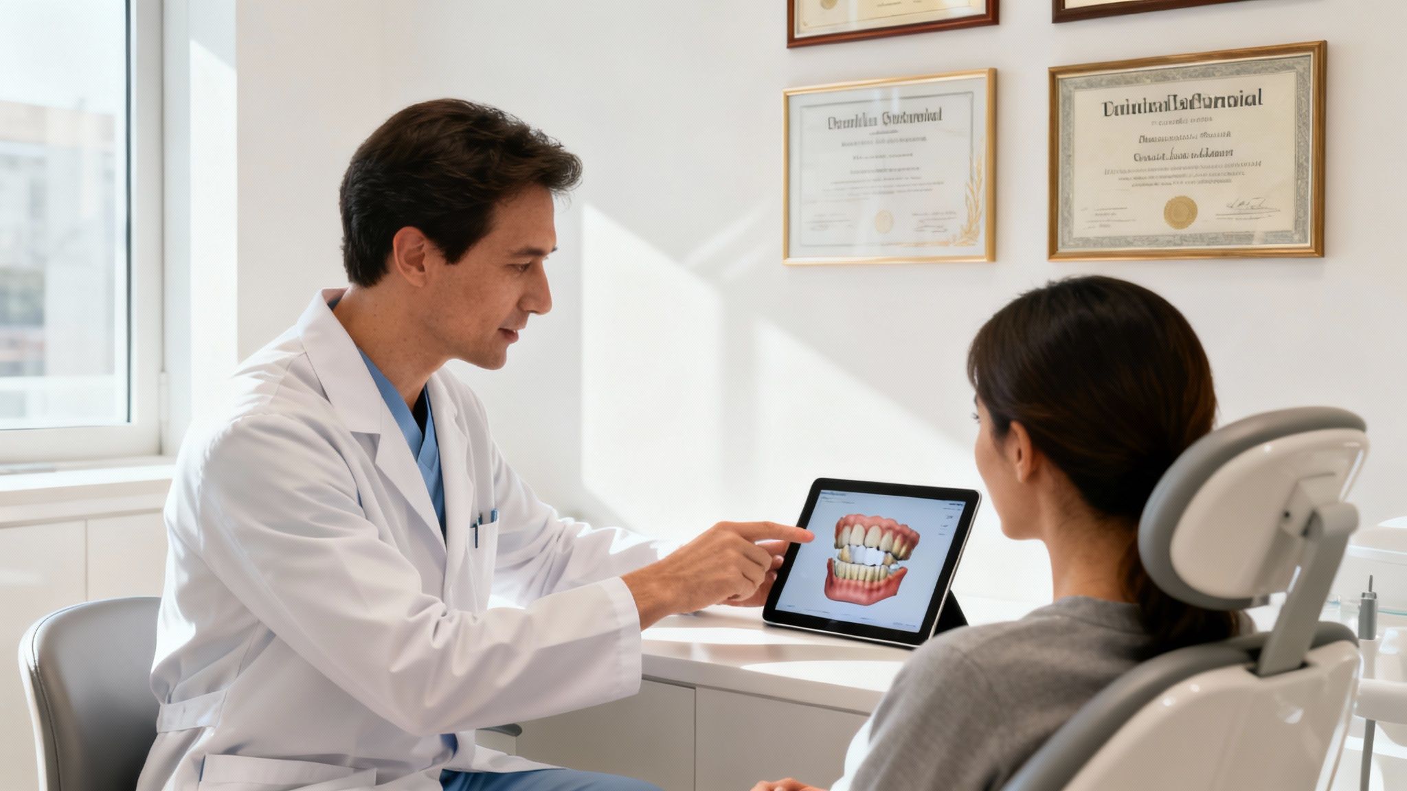 A male dentist explains a 3D dental model on a tablet to a female patient.