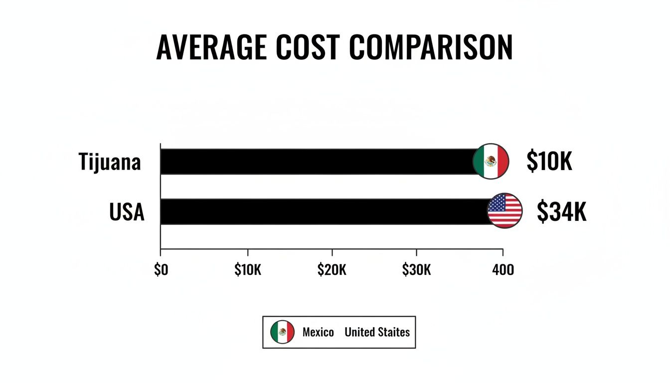 Bar chart comparing average costs: Tijuana at $10K and USA at $34K, showing a significant difference.