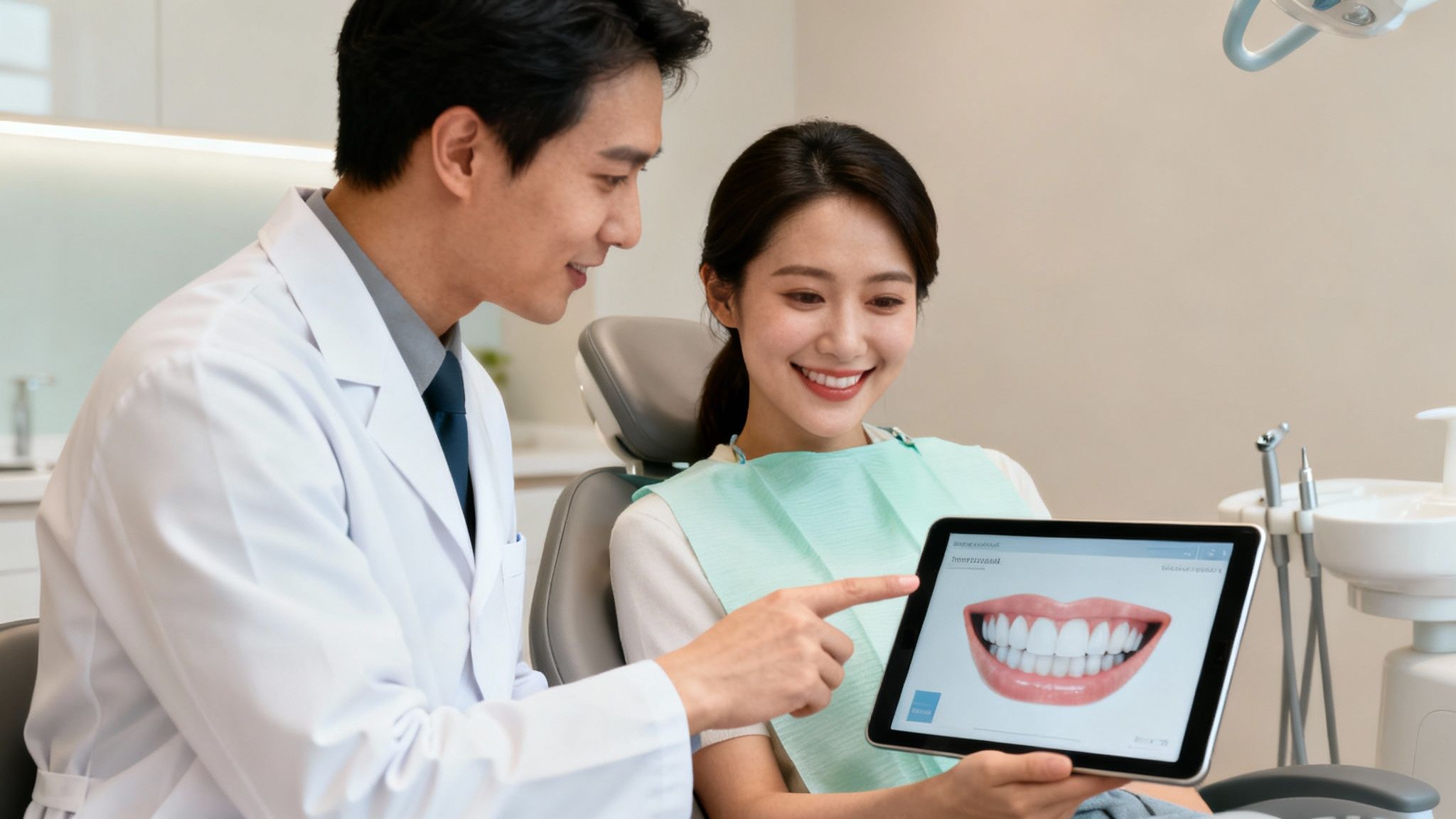 A dentist shows a smiling patient an image of perfect teeth on a tablet.